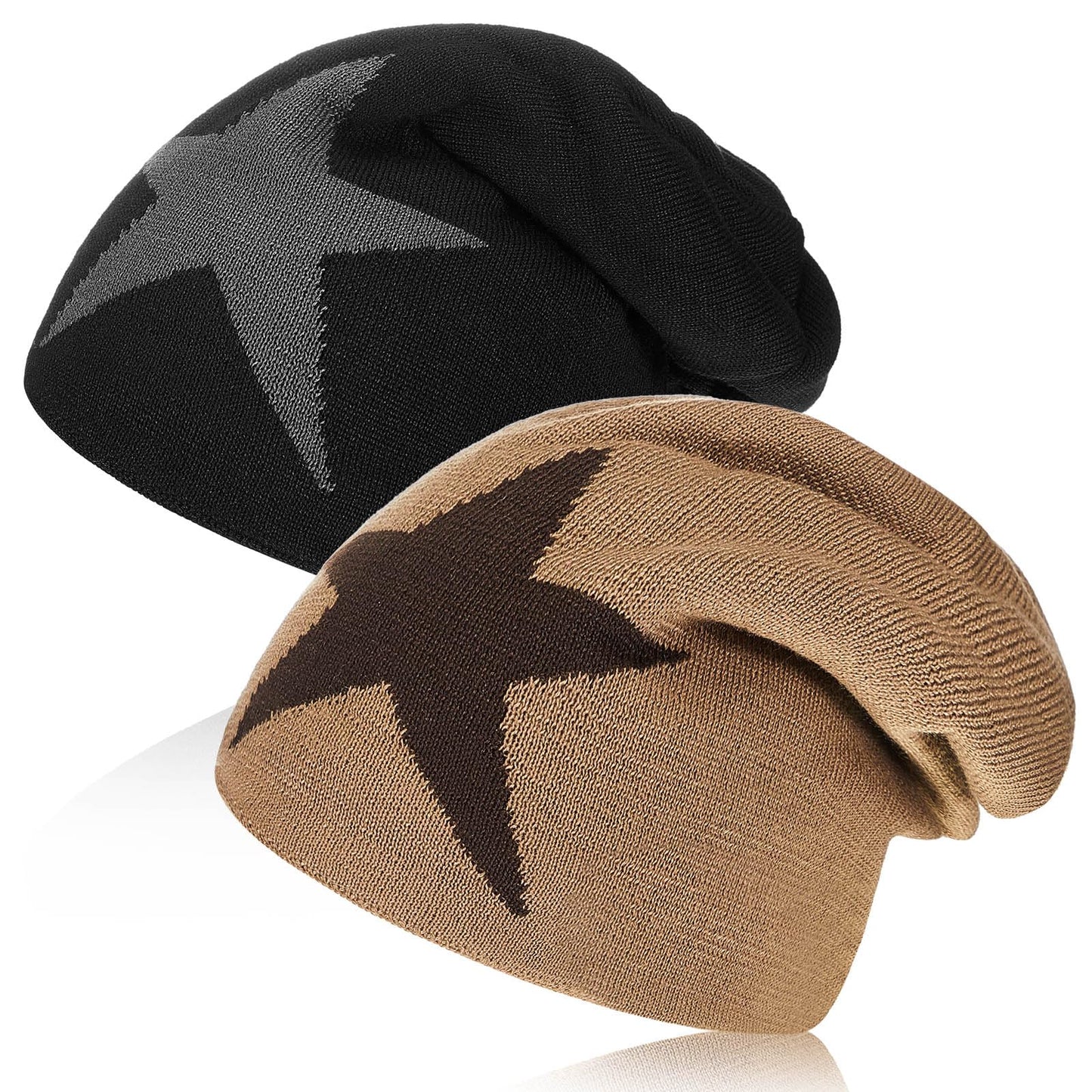 Chuarry 2 Pcs Y2k Hat Grunge Accessories Vintage Goth Graphic Knitted Slouchy Beanies Winter Warm for Men Women Black, Khaki