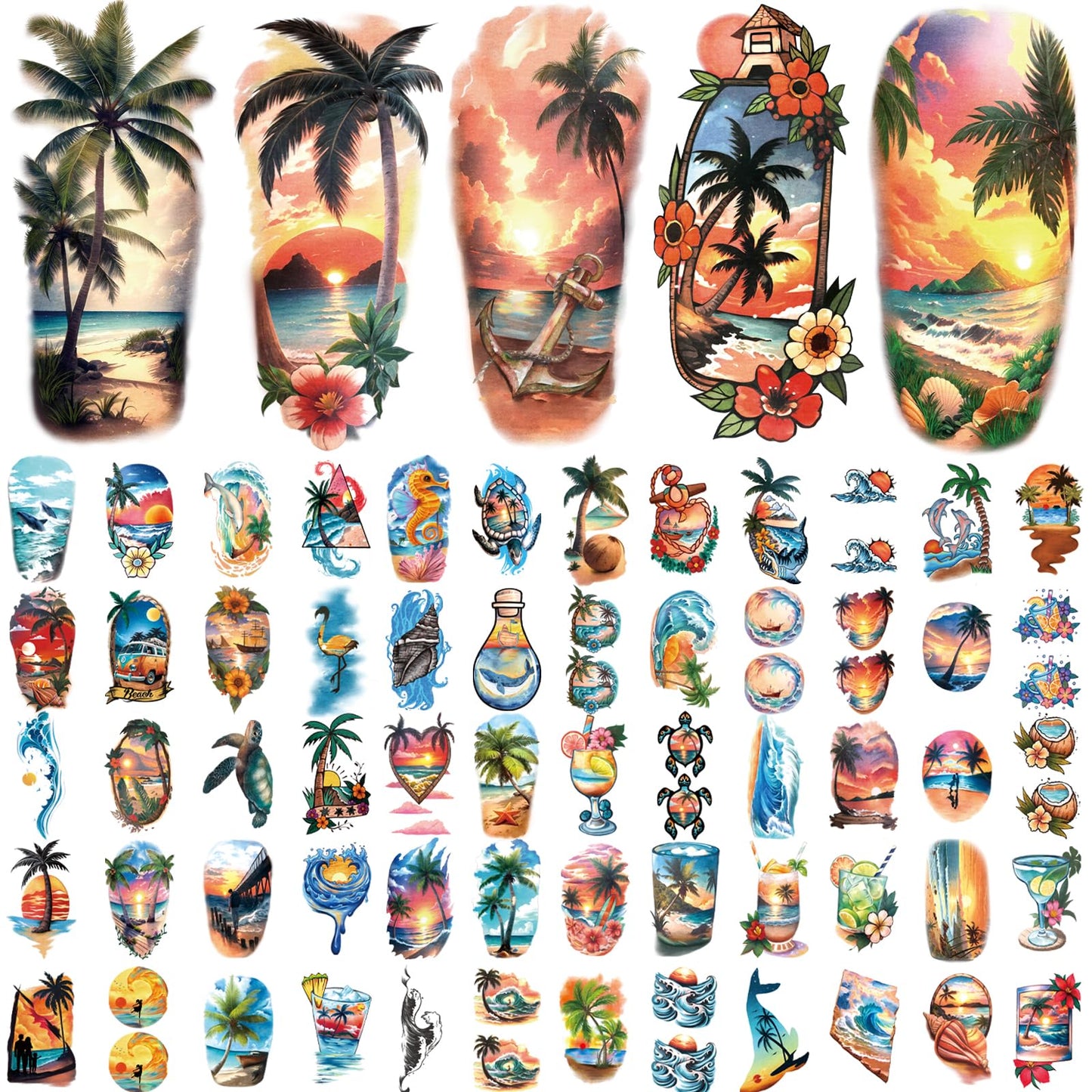 77 Sheets Temporary Tattoo for Women and Men, 17 Sheets Half Arm Beach Flower Skull Sunset Fake Tattoos, 60 Sheets Holiday Ocean Tiny for Adults Kids Body Tattoos Stickers Waterproof Realistic