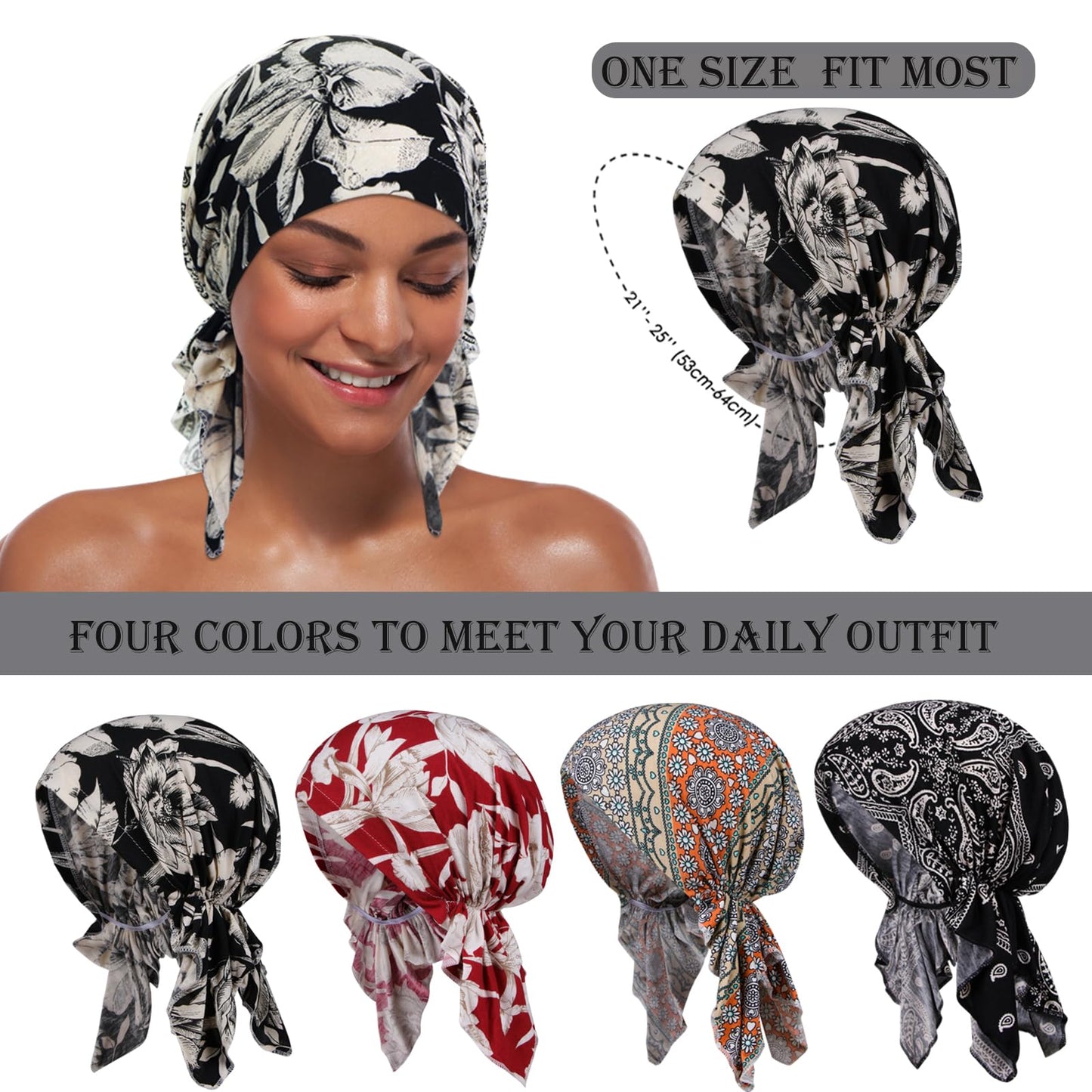 Oumrote 4 Pieces Soft Cotton Chemo Headwear for Women, Stretch Pre-Tied Chemo Head Scarves for Cancer