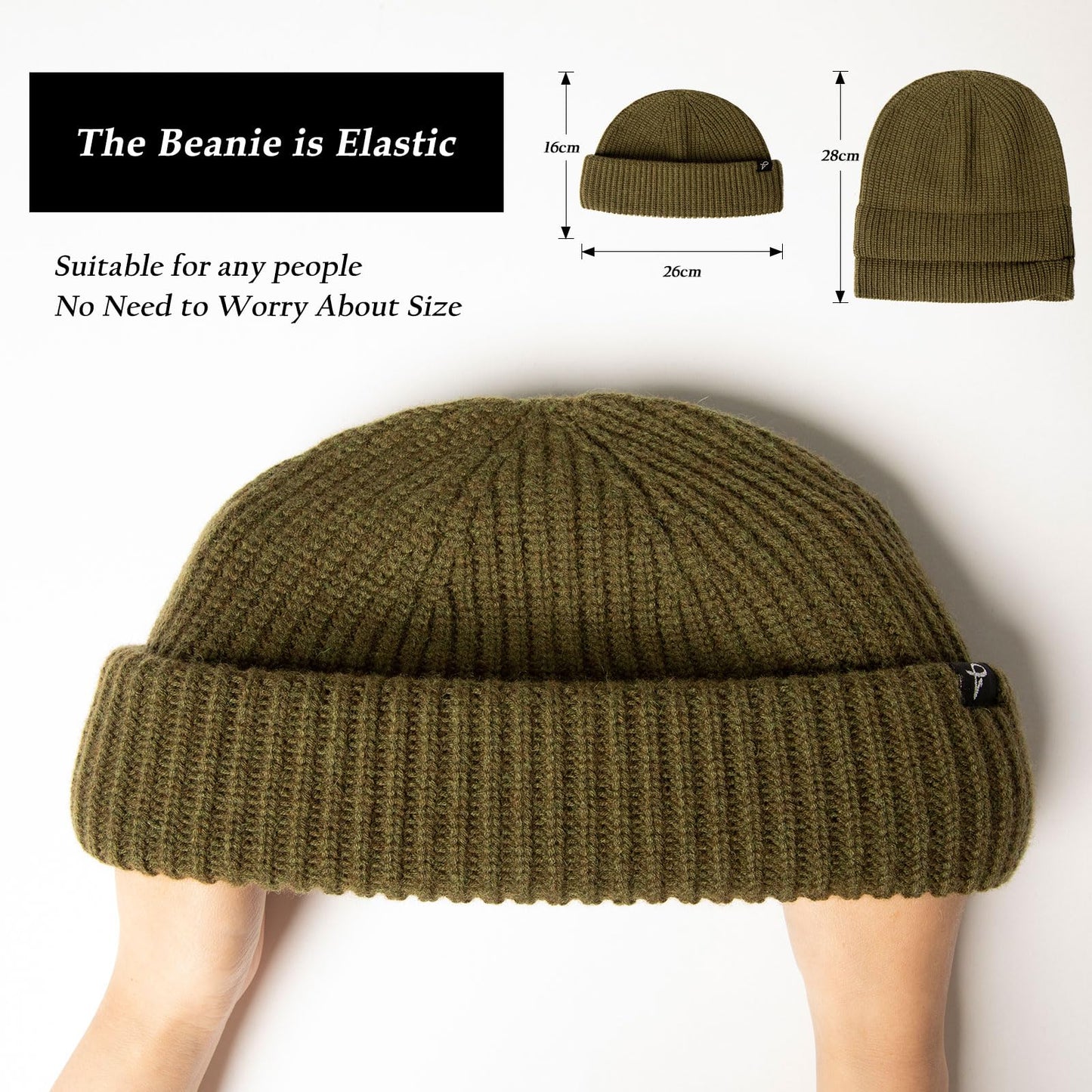 Army Green Oversize M/L Winter Short Fisherman Beanie Merino Wool Blend Knit Skull Cap Warm Hat for Large Big Head Mens Womens Cold Weather
