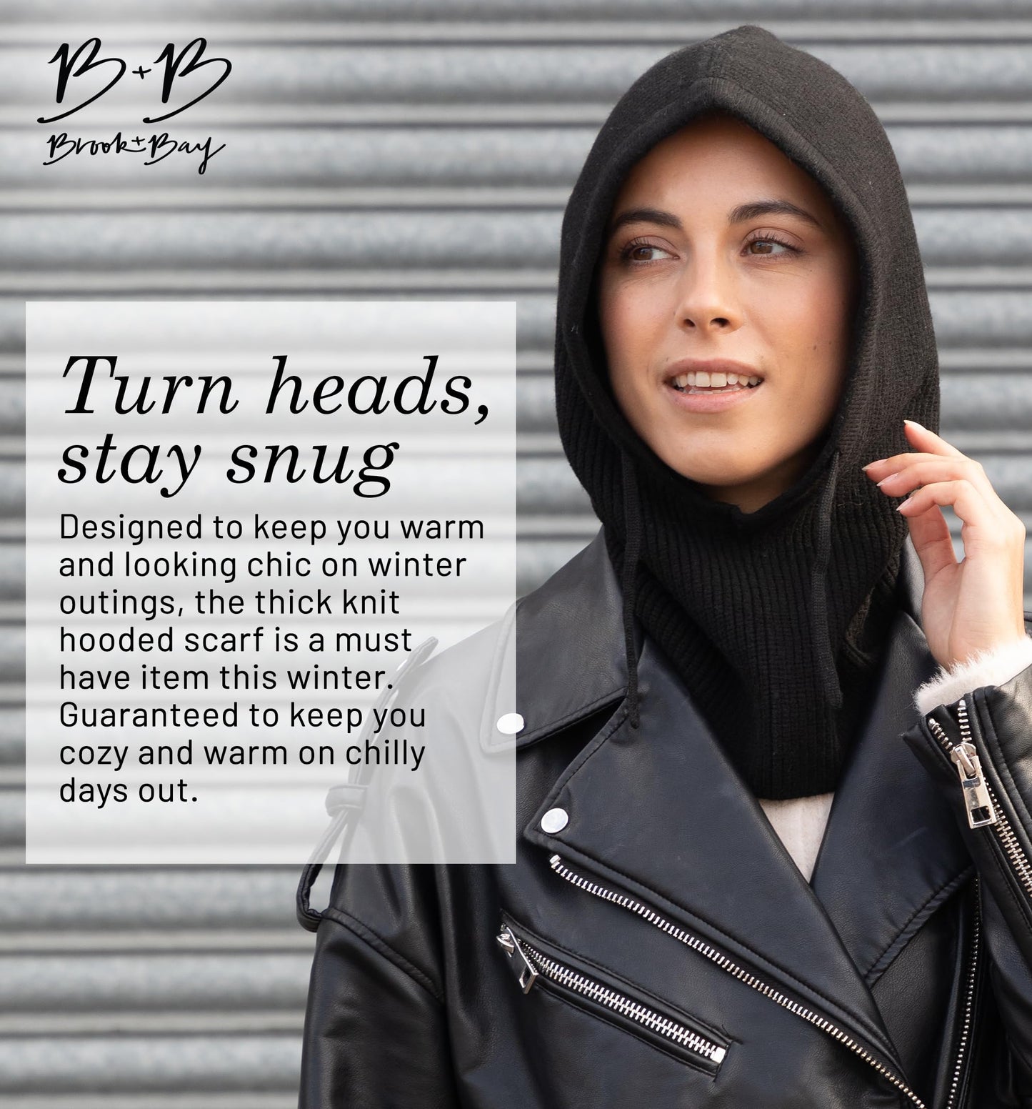 Brook + Bay Knitted Hooded Scarf w/Drawstrings - Knit Balaclava Hood Scarf for Women Winter - Stylish Hooded Hat, Neck Warmer Black