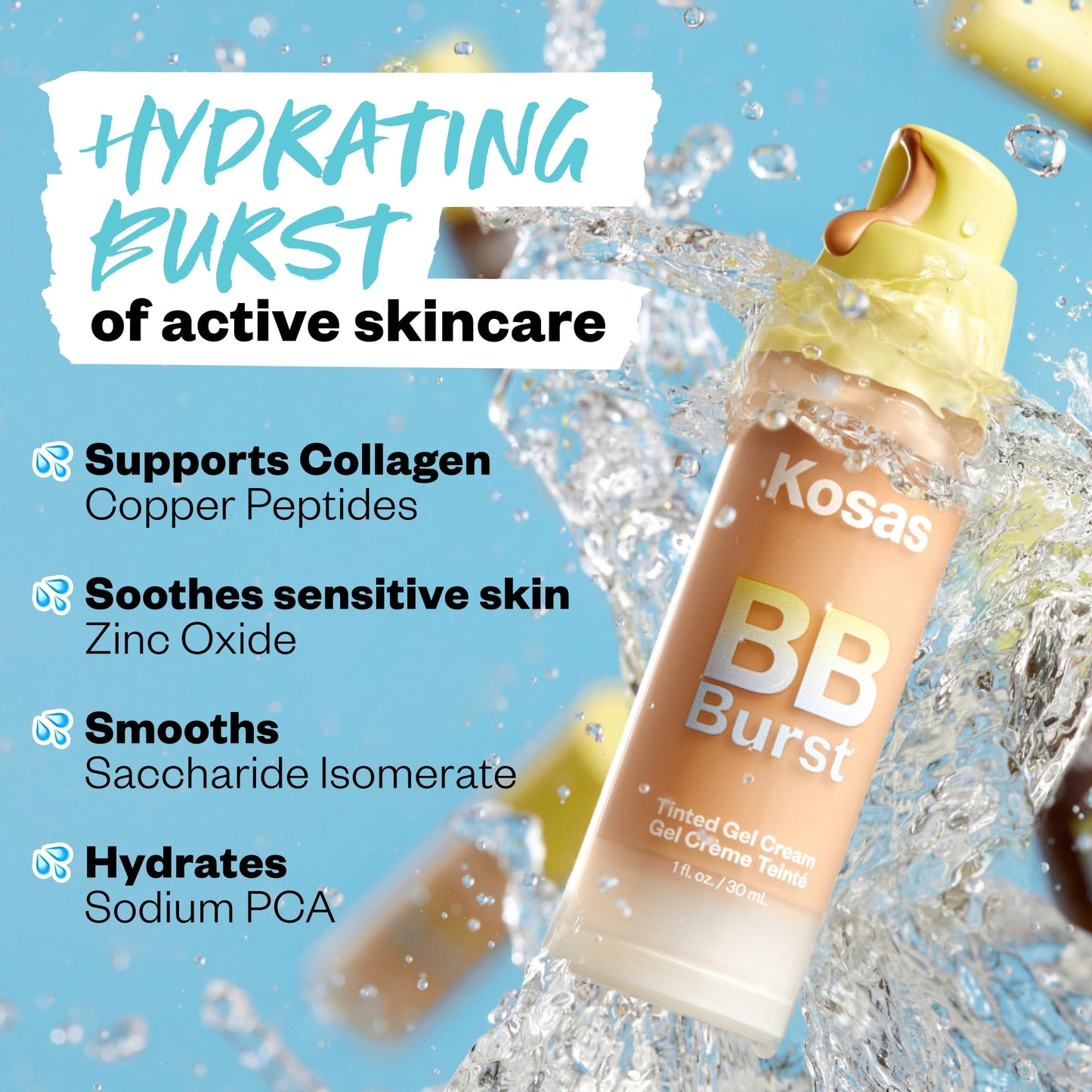Kosas BB Burst Tinted Face Gel Cream - Supports Healthy Collagen, Smoothes Skin, Hydrates & Moisturizes - Lightweight Buildable Coverage - Rich Deep Neutral Olive 44, (1 Oz/30 ML)