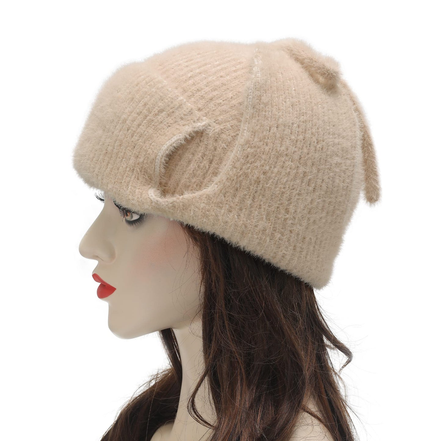 ZLYC Women Winter Knitted Earflap Beanie Hat Soft Cashmere Feel Warm Ski Skully Cap (Plain Beige)