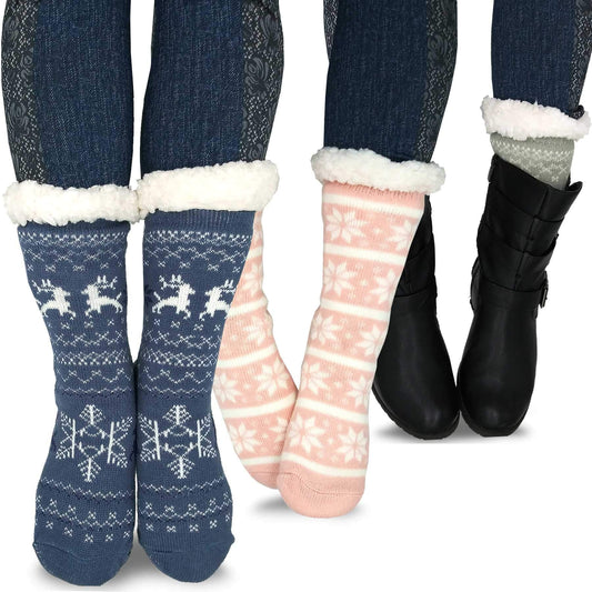 Thick Winter Warm Heat Double Layer Thermal Crew Women's Socks 3 Pairs Deer Snowflake Pattern Pink Blue Grey 9-11 Non-Slip Bottoms