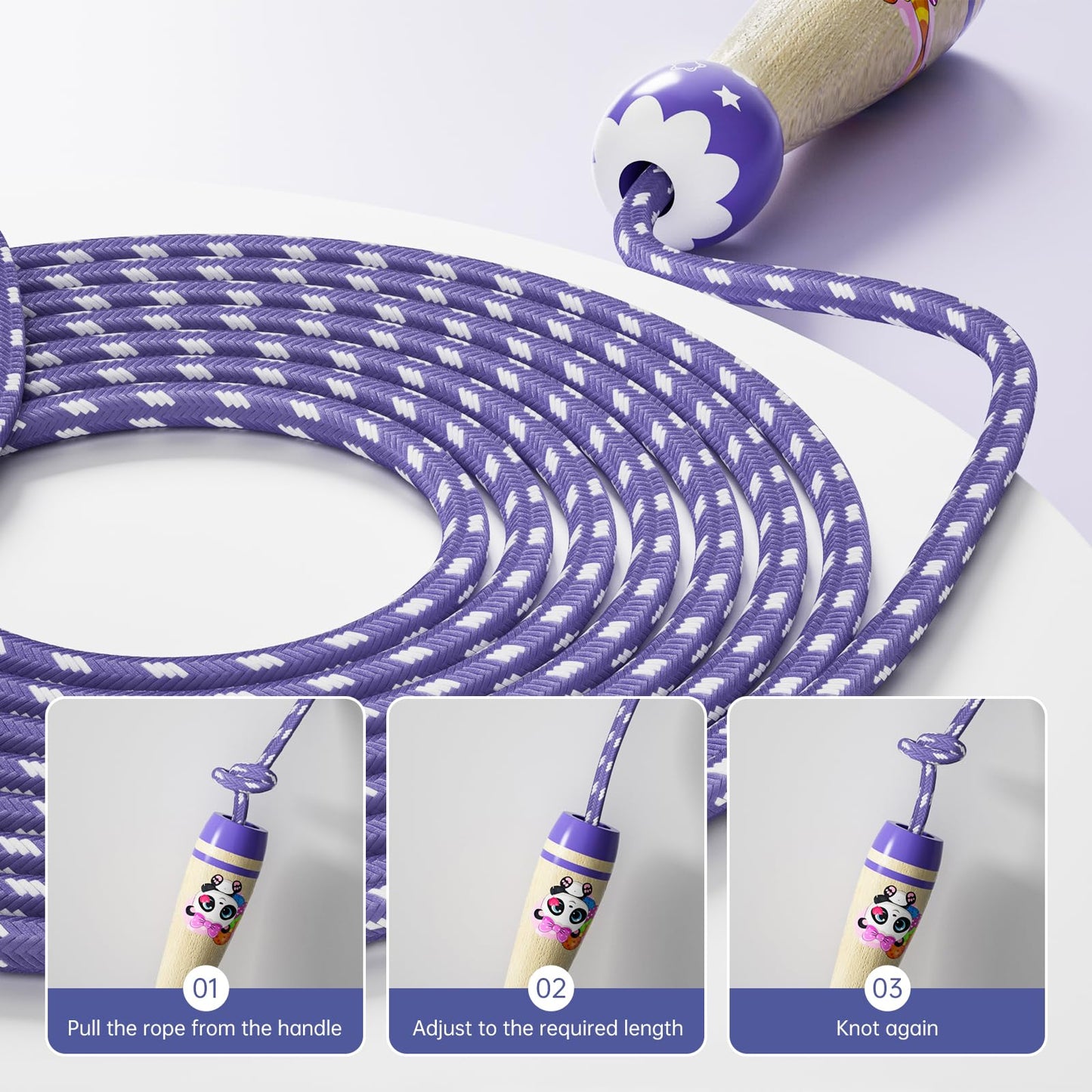 Jump Rope for Kids-Adjustable Cotton Braided Skipping Rope with Wooden Handle for Toddler Fitness Workout Exercise Outdoor Activity
