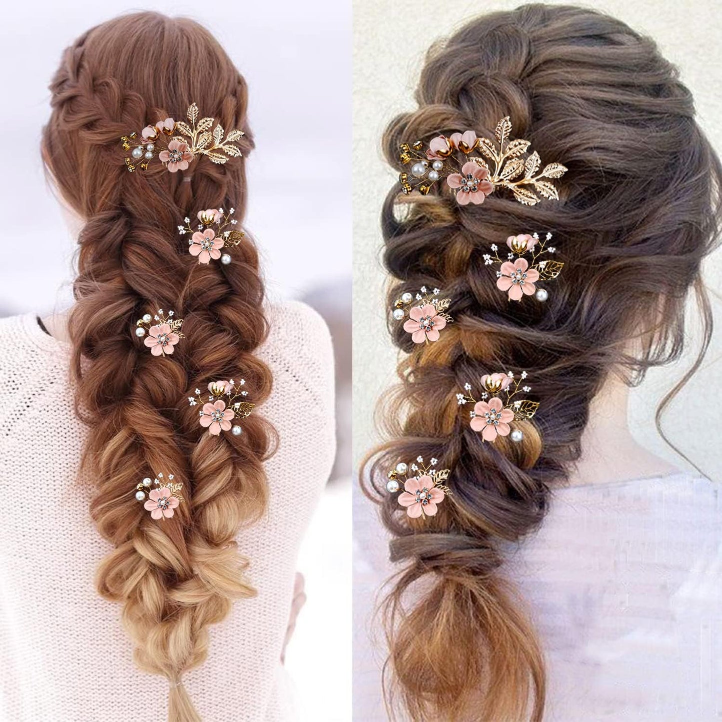 5 PCS Bridal Flower Wedding Hair Pins Crystal Pearl Hair Clips Headpiece Gold Wedding Hair Accessories Jewelry with Rhinestone for Brides Bridesmaids Women Girls Updo(Cherry Blossoms Pink)