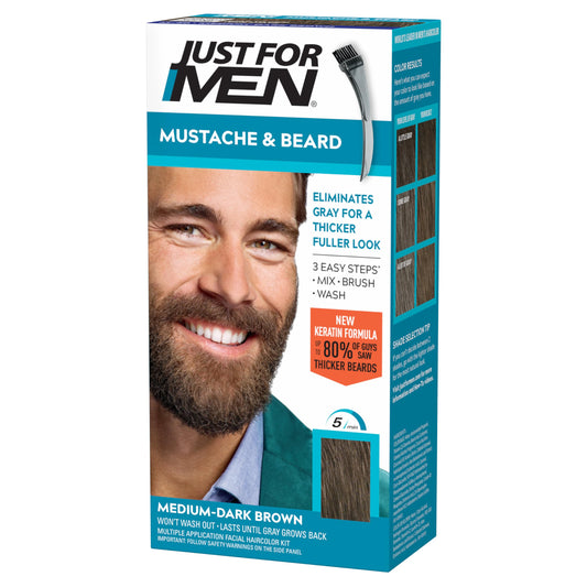 Just For Men Mustache & Beard, Beard Dye for Men with Brush Included for Easy Application, With Biotin Aloe and Coconut Oil for Healthy Facial Hair - Medium-Dark Brown, M-40, Pack of 1