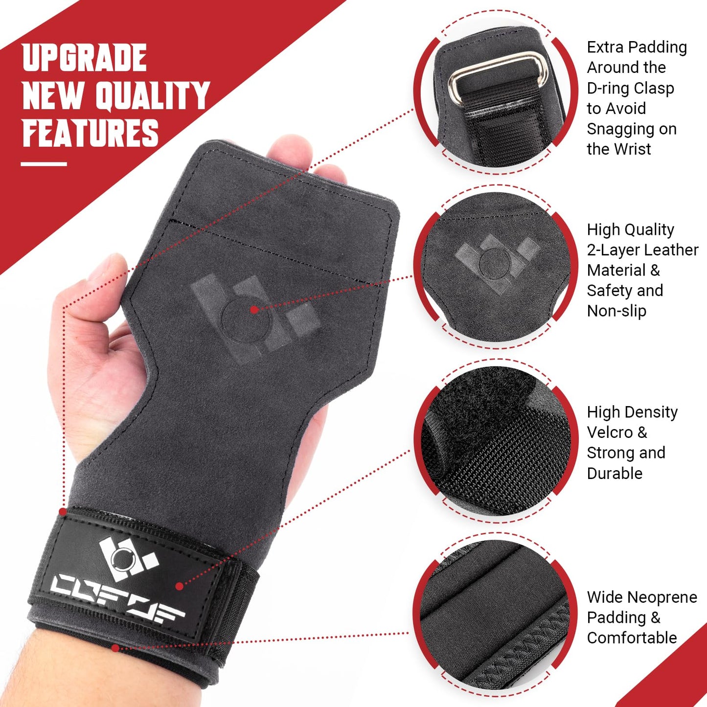 COFOF Weight Lifting Wrist Strap,Double Layer Leather Weightlifting Wrist Strap for Deadlift and Powerlifting, Adjustable Neoprene Padded Gym Workout Lifting Wrist Hooks for Men/Women(Pair)