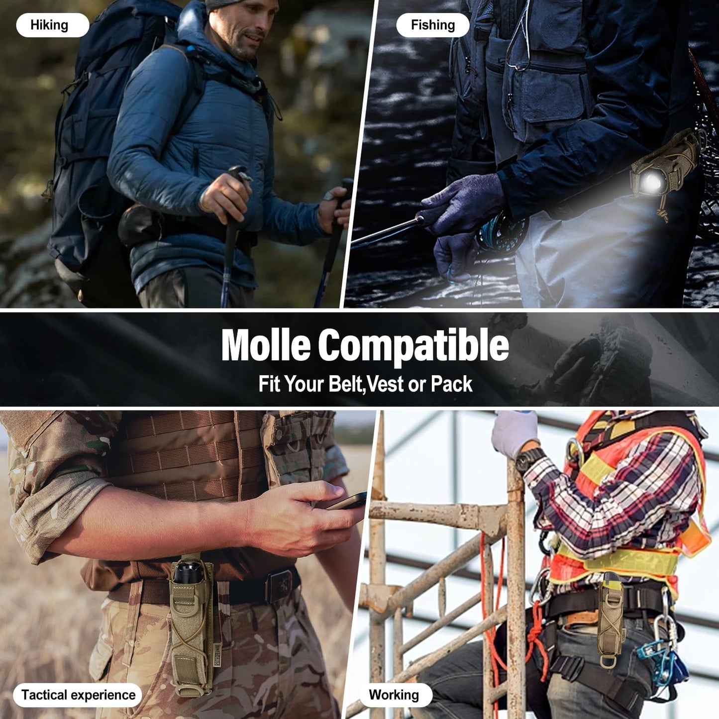OneTigris Flashlight Holster Molle Flashlight Holder for Belt Tactical Pouch for Torch Linear Hand Tool with Open-top MOLLE Strap for Vertical & Horizontal Carrying