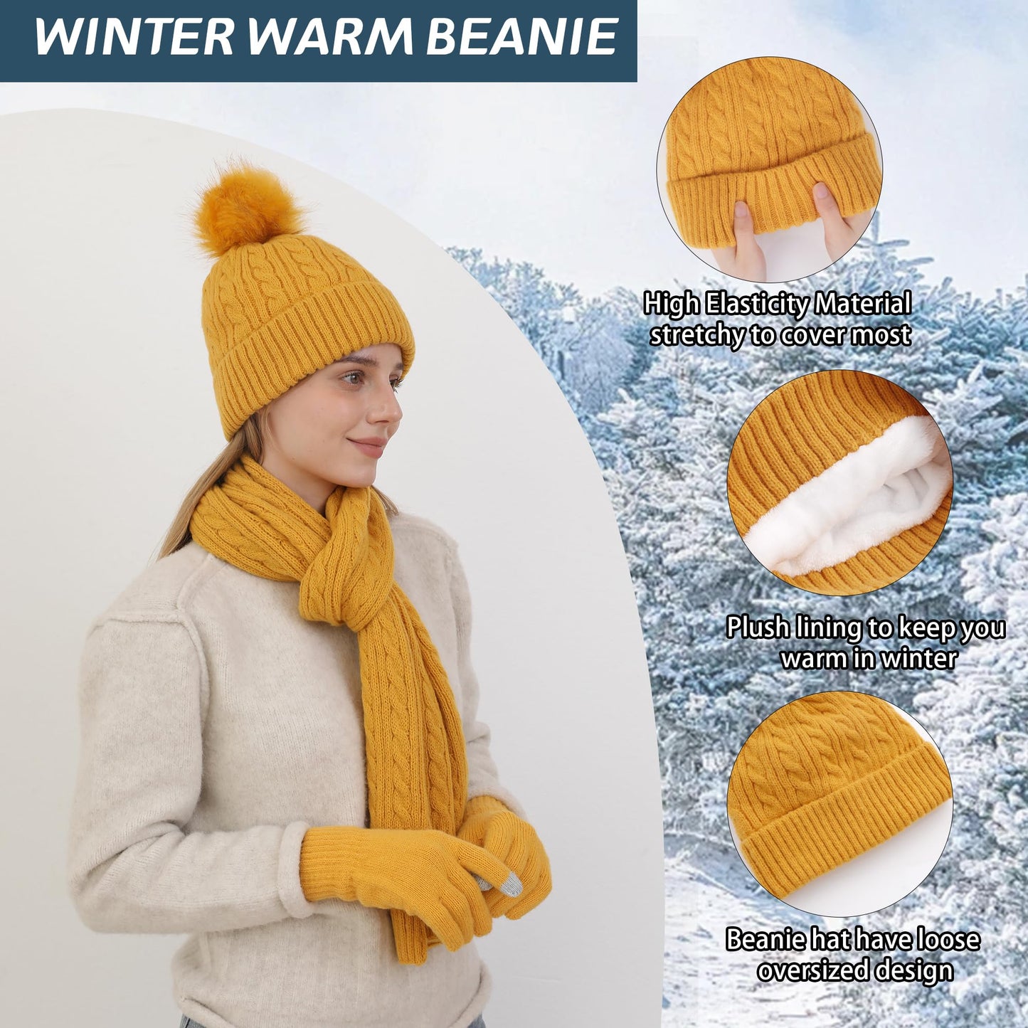 Double Couple Winter Beanie Hat Scarf Gloves Set for Women Beanie with Pom Long Scarf Warm Touchscreen Gloves Set