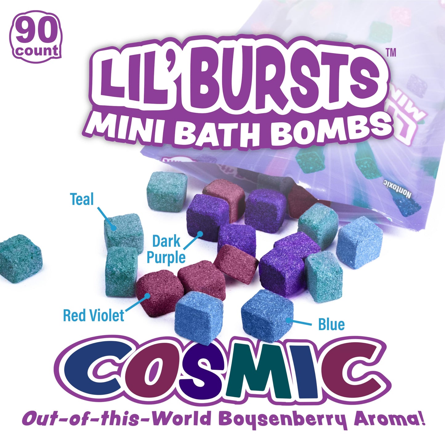 Tub Works® Lil' Bursts™ Mini Bath Bombs for Kids, 90 Count, Cosmic | Nontoxic | Tiny Kids Bath Bombs with A Burst of Color, Foam & Bubbles | Customize Kids Bath with Fun Bath Colors | Create Bath Art
