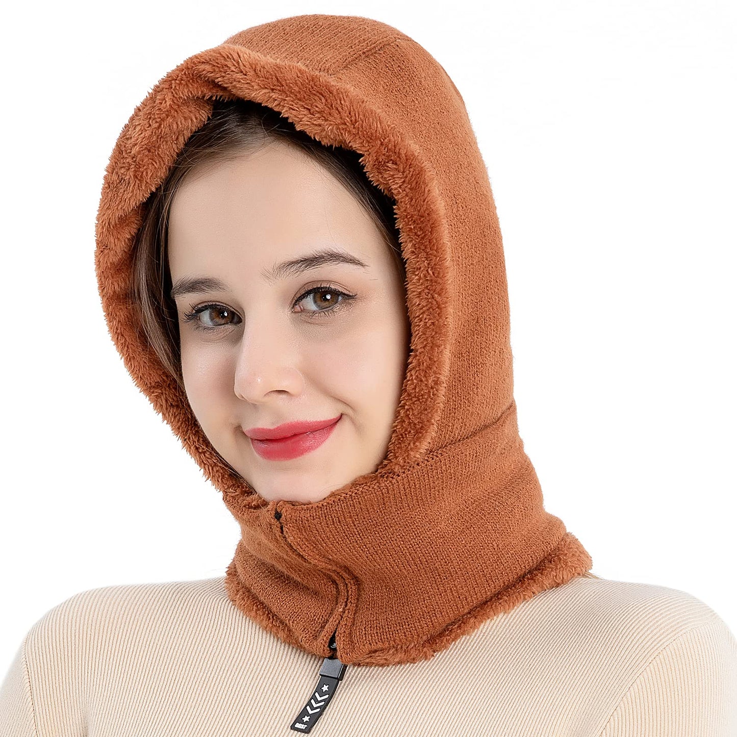 QUEBEAR Women Balaclava Beanie Fleece Hood Cycling Ski Thermal Face Cover Hat Winter Warm Cap Scarf for Cold Weather Brown