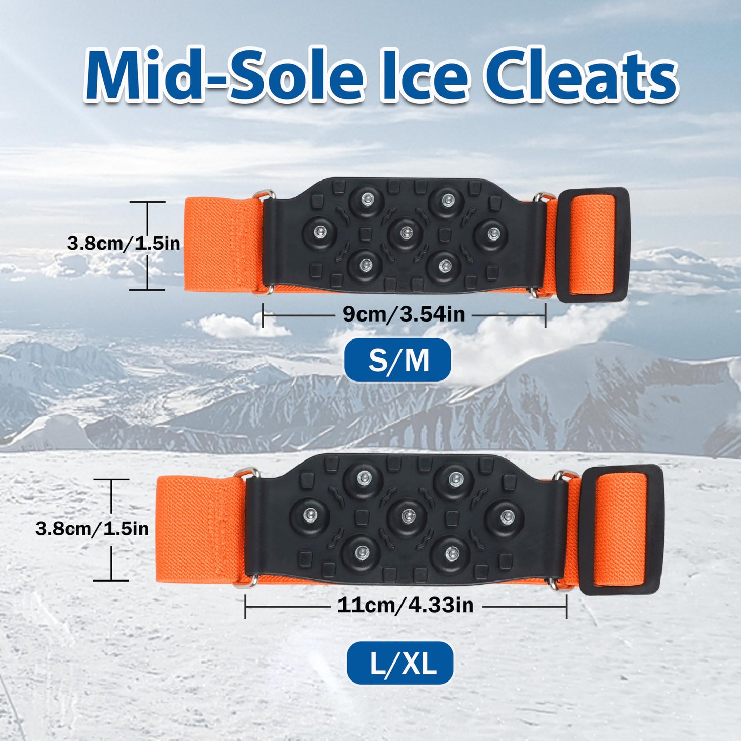 Ice Cleats Mid-Sole Snow Traction Cleats for Shoes and Boots Non-Slip Crampon with 7 Tungsten Studs Adjustable Straps for Secure Grip Snow Cleats for Winter Walking on Snow Ice Jogging Hiking (2Pairs)