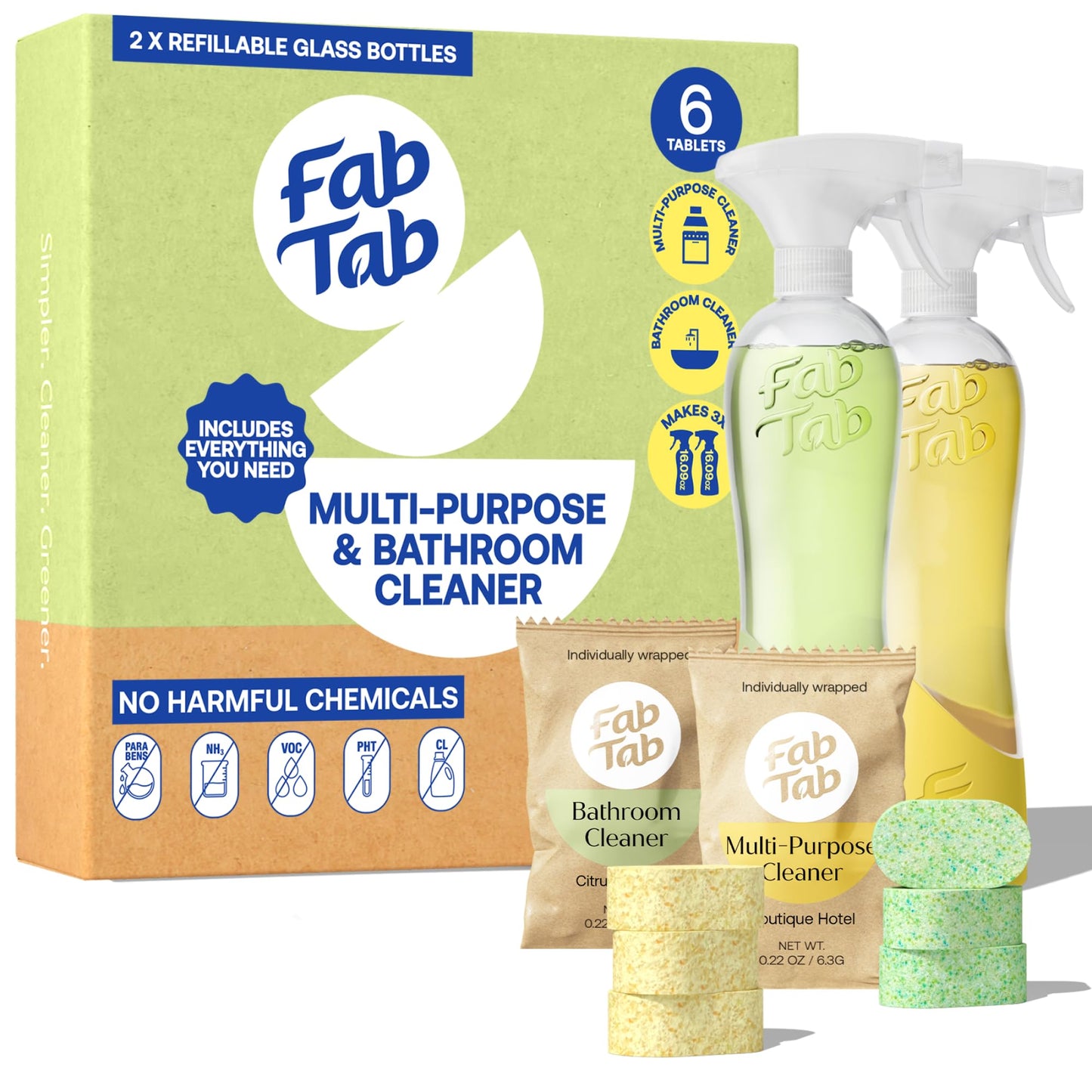 Fab Tab Tablet Cleaner, Multi-Purpose & Bathrom Cleaner for Eco-Concious Cleaning, Non Harmful & Chemical-Free Formula, Convenient Refills with 2 Glass Bottles, Luxury Hotel Scent (6 Refill Tablets)