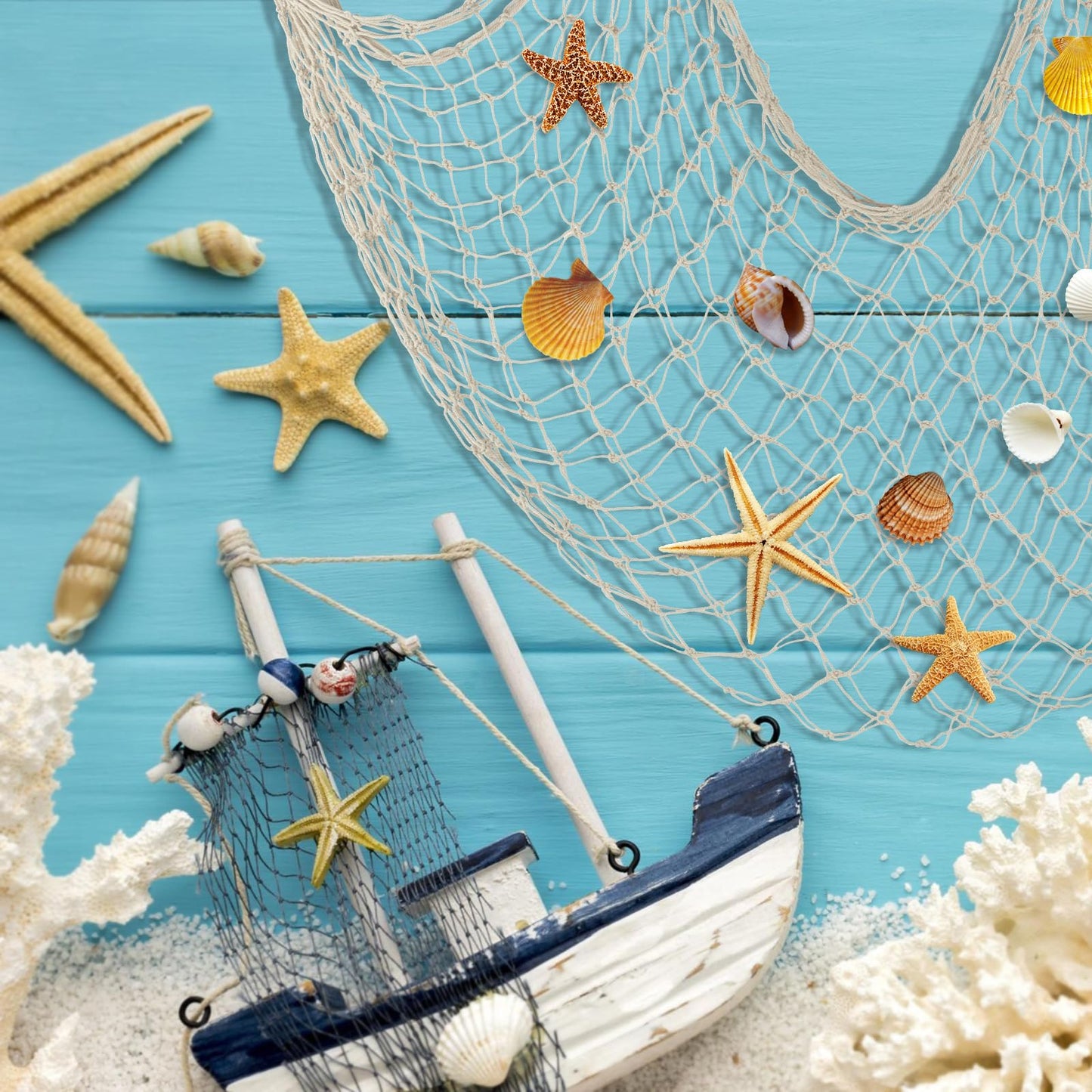 Decorative Fishing Net 80x40 Inch,YuanDe 2 Pack Large Beige Picture Fish Net, Wall Photo Hanging Fishnet for Nautical Mermaid Pirate Ocean Themed Hawaii Beach Under The Sea Party Decorations