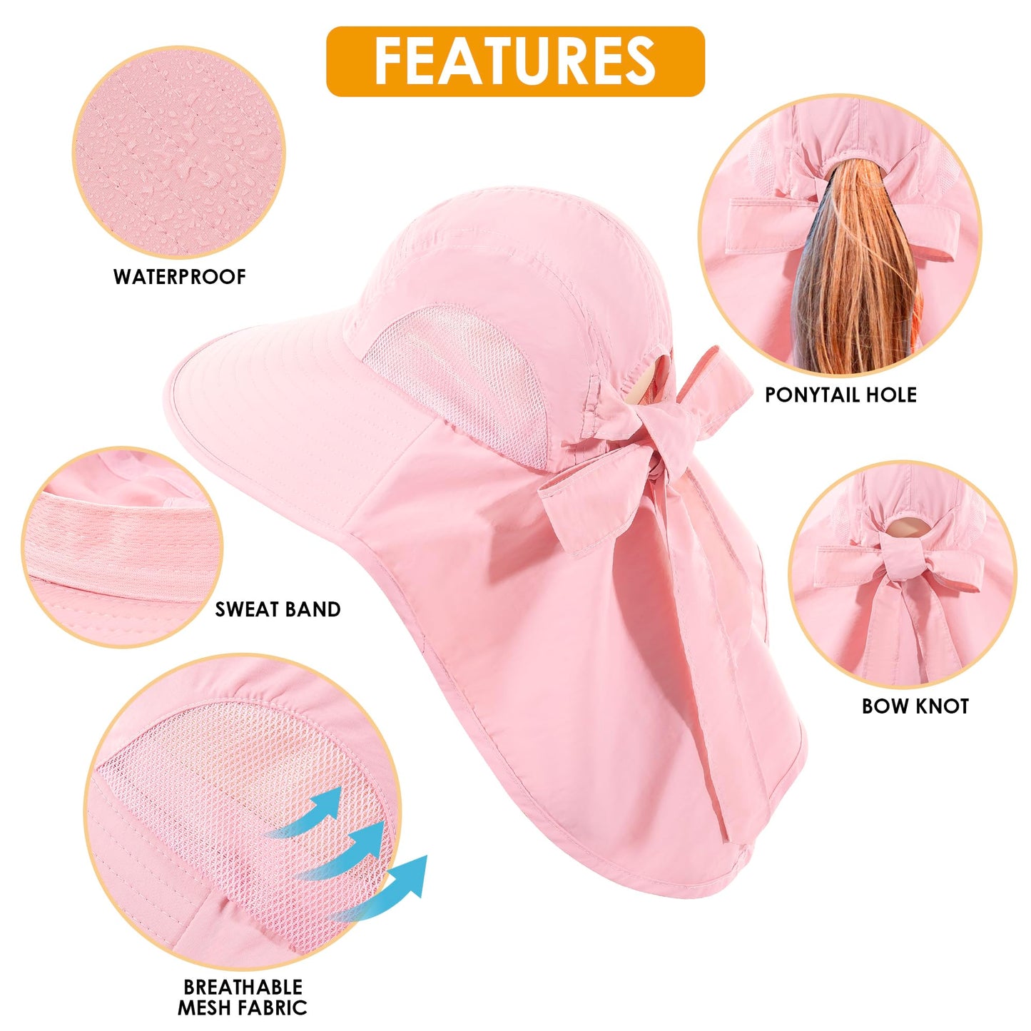 Womens Sun Hat UV Protection, Foldable Waterproof Wide Brim Bucket Hats with Neck Flap for Summer Beach Fishing Hiking Pink