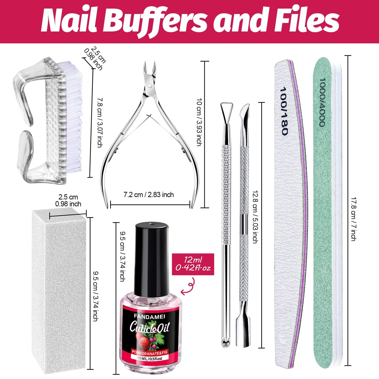 FANDAMEI Nail Care Kit, Cuticle Remover with File, Buffer, Block, Nipper, Pusher & Peeler. Pomegranate Cuticle Oil