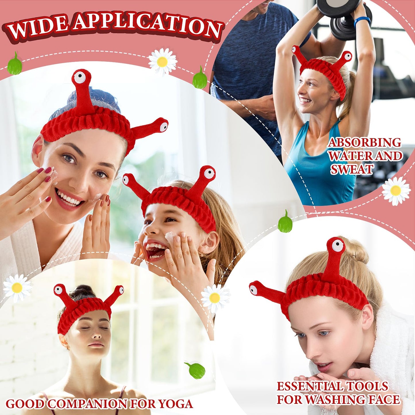 Face Wash Headband, Palm and Snail Spa Hair Bands Makeup Headbands Women Cartoon Cute Coral Fleece Elastic Headband Creative Hair Accessories for Washing Face Shower Sports Beauty Skincare (Red)