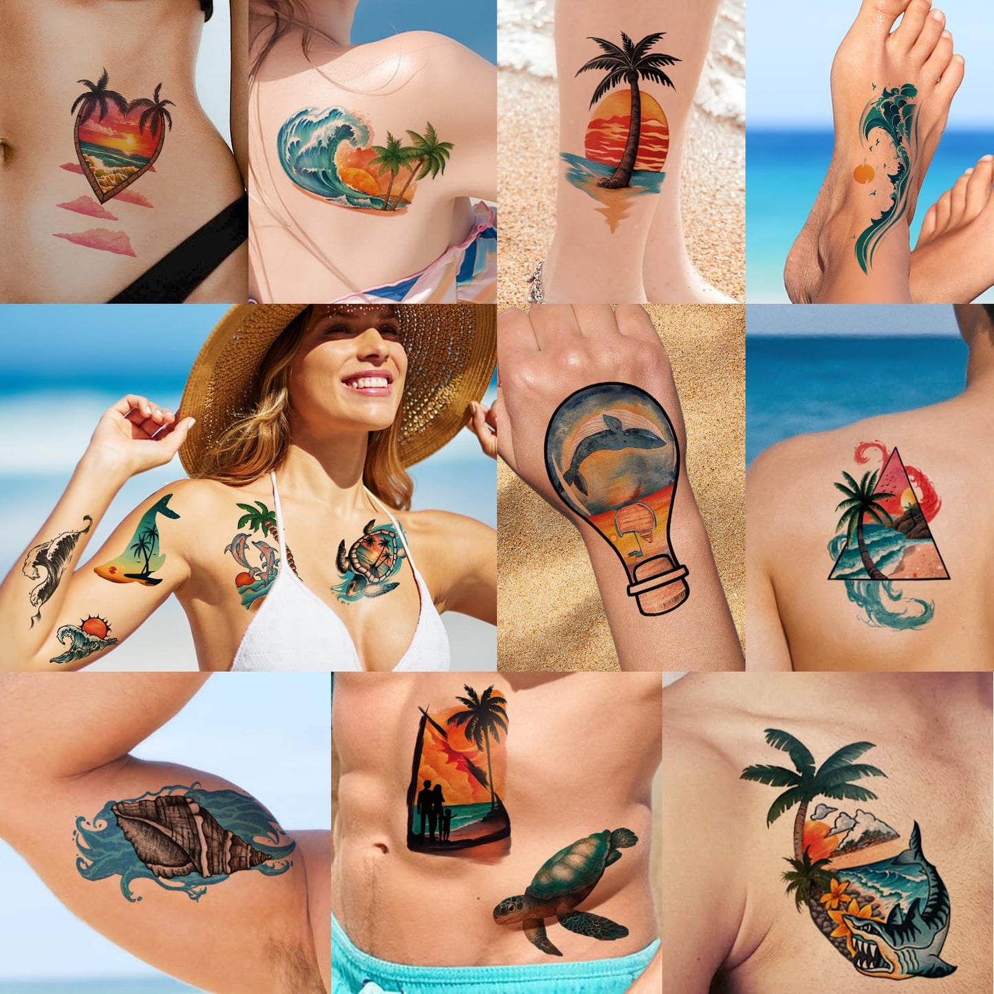 77 Sheets Temporary Tattoo, Sunset Sunglasses Beach Flower Palm Tree Hawaiian Themed Waterproof Fake Tattoos, Holiday Temporary Tattoos for Men Women Kids Party and Goody Bag Stuffers