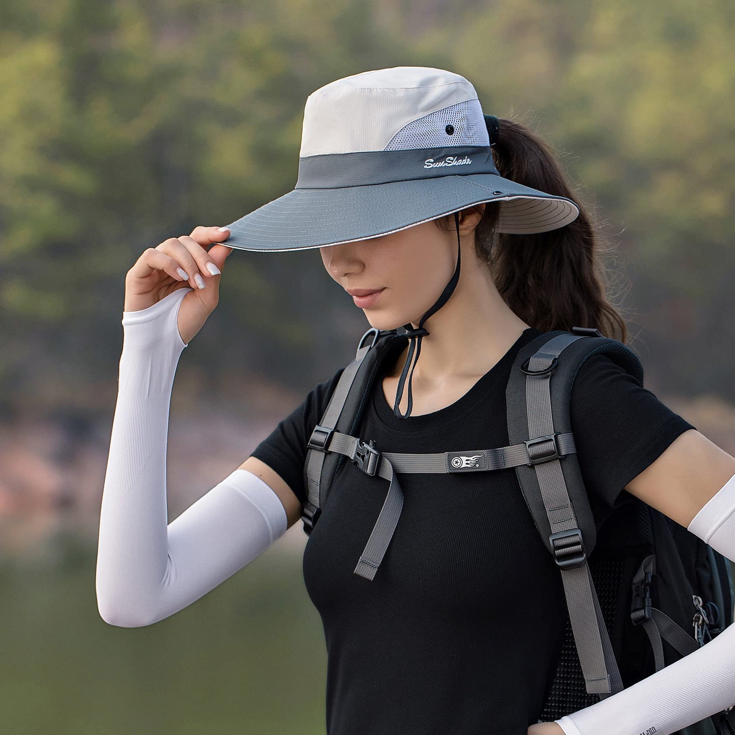 PFFY Ponytail Sun Bucket Hat for Women 3” Wide Brim UPF 50+ Bucket Fishing Beach Hats Purple/Grey