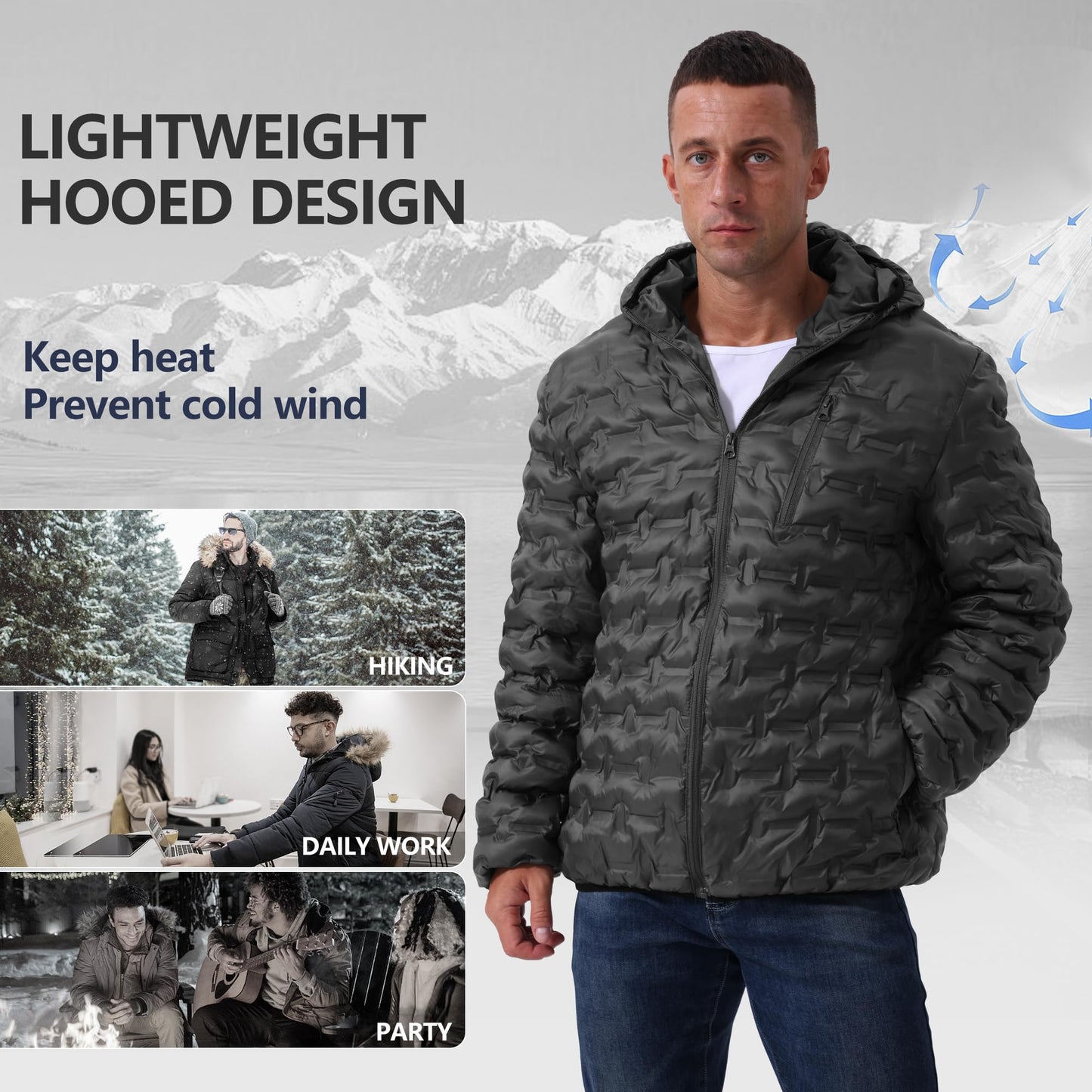 Heihuohua Men's Packable Puffer Jacket Lightweight Hooded Windproof Winter Coat for Travel Running Hiking