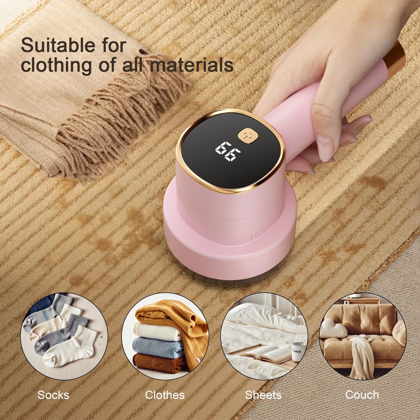 Fabric Shaver, Rechargeable Electric Lint Remover with LED Display, Lint Shaver, 6-Blade, 3-Speed Defuzzer Remove Fuzz, Pills for Clothes, Upholstery, Furniture, Pink