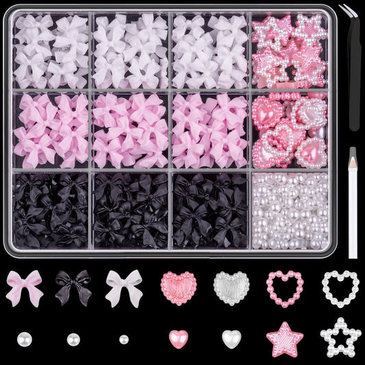 3D Nail Charms & Pearls Set - 600 Pcs, Pink & White Bows & Stars + White Pearls (2-4mm) for Nail Art DIY Decoration