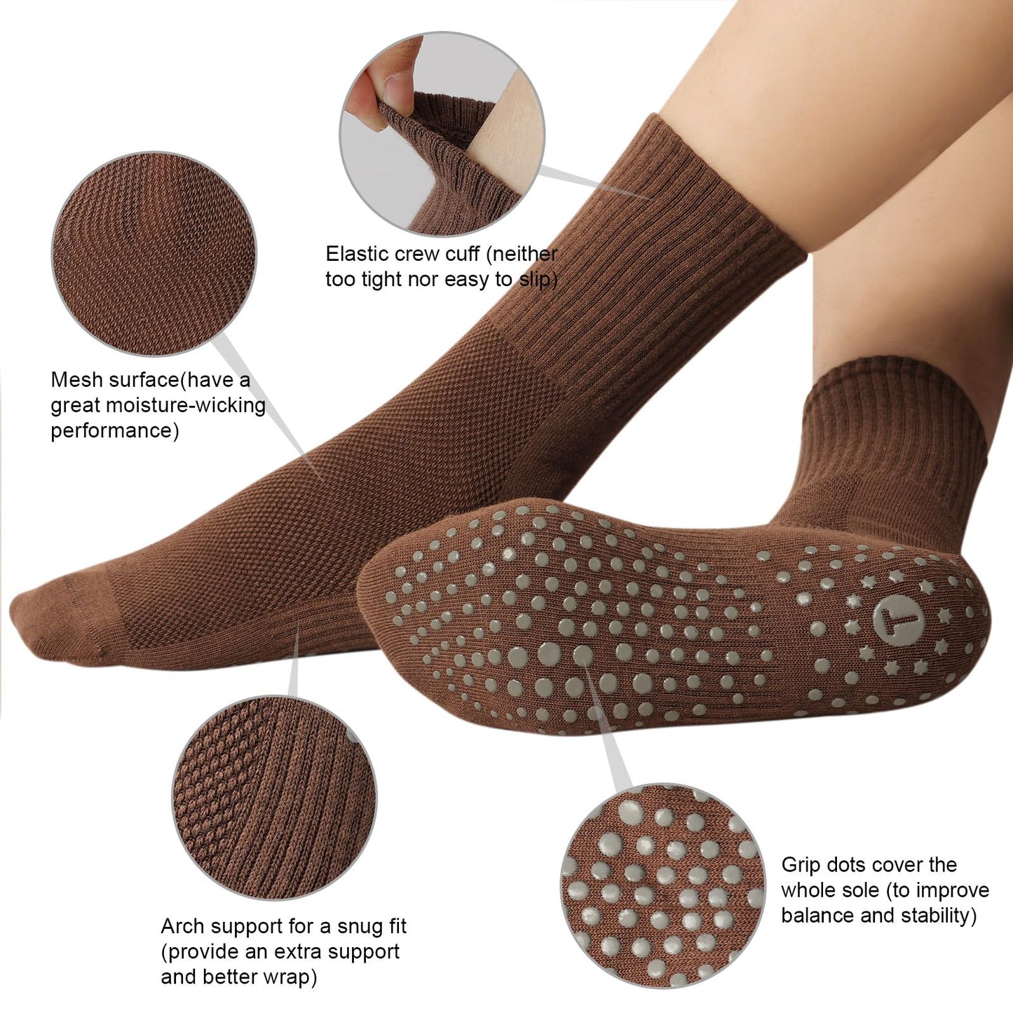 Toes Home Pilates Socks for Women with Non Slip Grippers, Yoga Crew Socks for Barre Hospital Exercise Workout Sticky Athletic Slipper Socks 4 Pairs Brown White