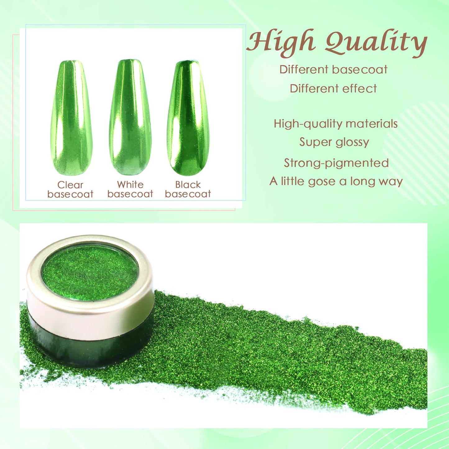 Laza Chrome Nail Powder Mirror Effect Metallic Dust Holographic Glitter Glazed Manicure Decoration Reflective Pigment for DIY Gel Polish Nail Art, Resin Craft, Gifts - Grass Green