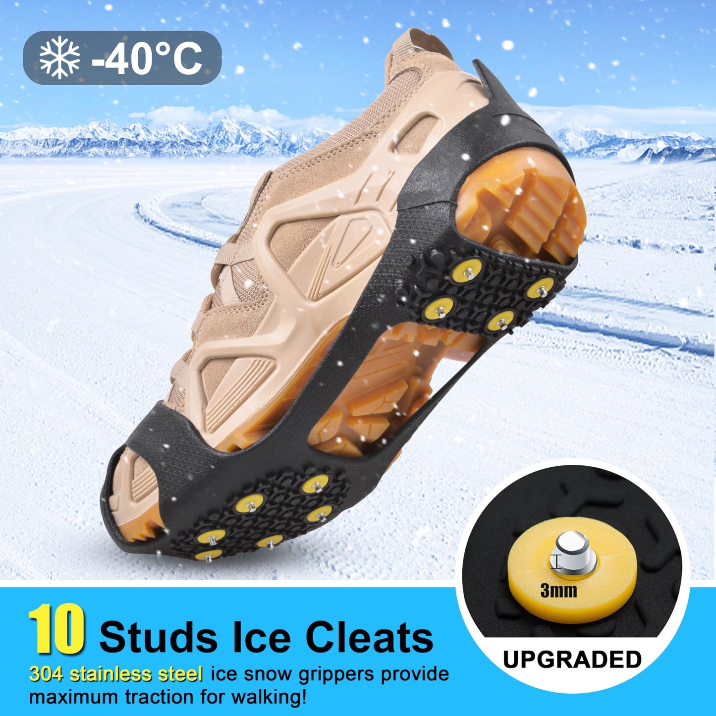 Ice Cleats for Shoes and Boots Ice Snow Grippers Anti-Slip Crampons 10 Studs Traction Cleat for Women Men Kids Hiking Fishing Walking Running Jogging