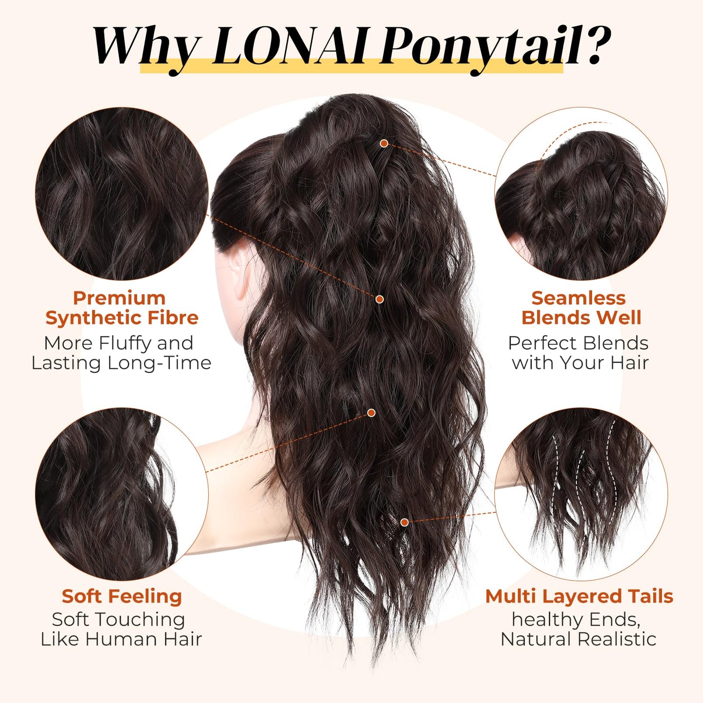 LONAI Ponytail Extension, 18" Wavy Claw Clip Ponytail Extensions ZJ001 Curly Wavy Claw Clip in Ponytail Hair Extensions Synthetic Fake Pony tails Hairpieces-Dark Reddish Brown