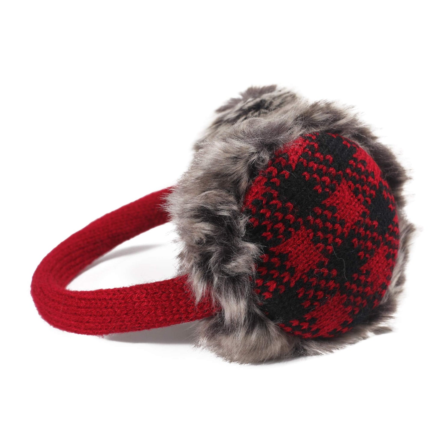 ZLYC Winter Faux Fur Adjustable Earmuffs Cute Knit Fuzzy Ear Muffs for Women Girls (Plaid Red)