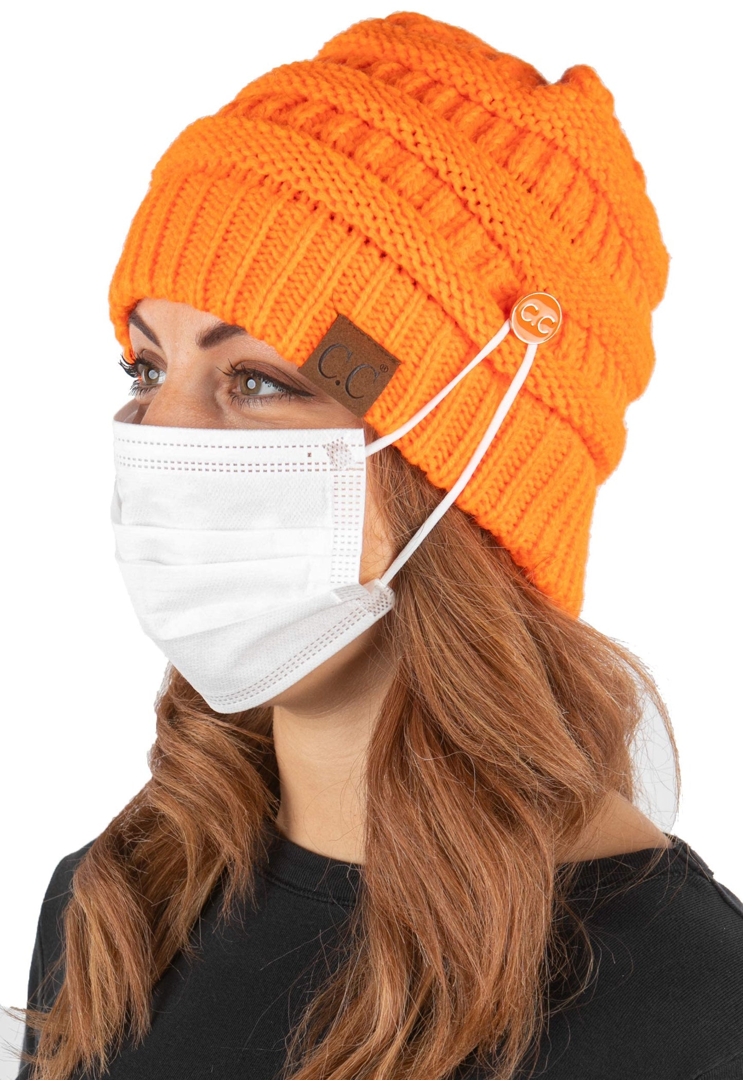 Funky Junque Women's Beanie Hat with Side Buttons, Ribbed Knit Slouchy Winter Cap, Neon Orange