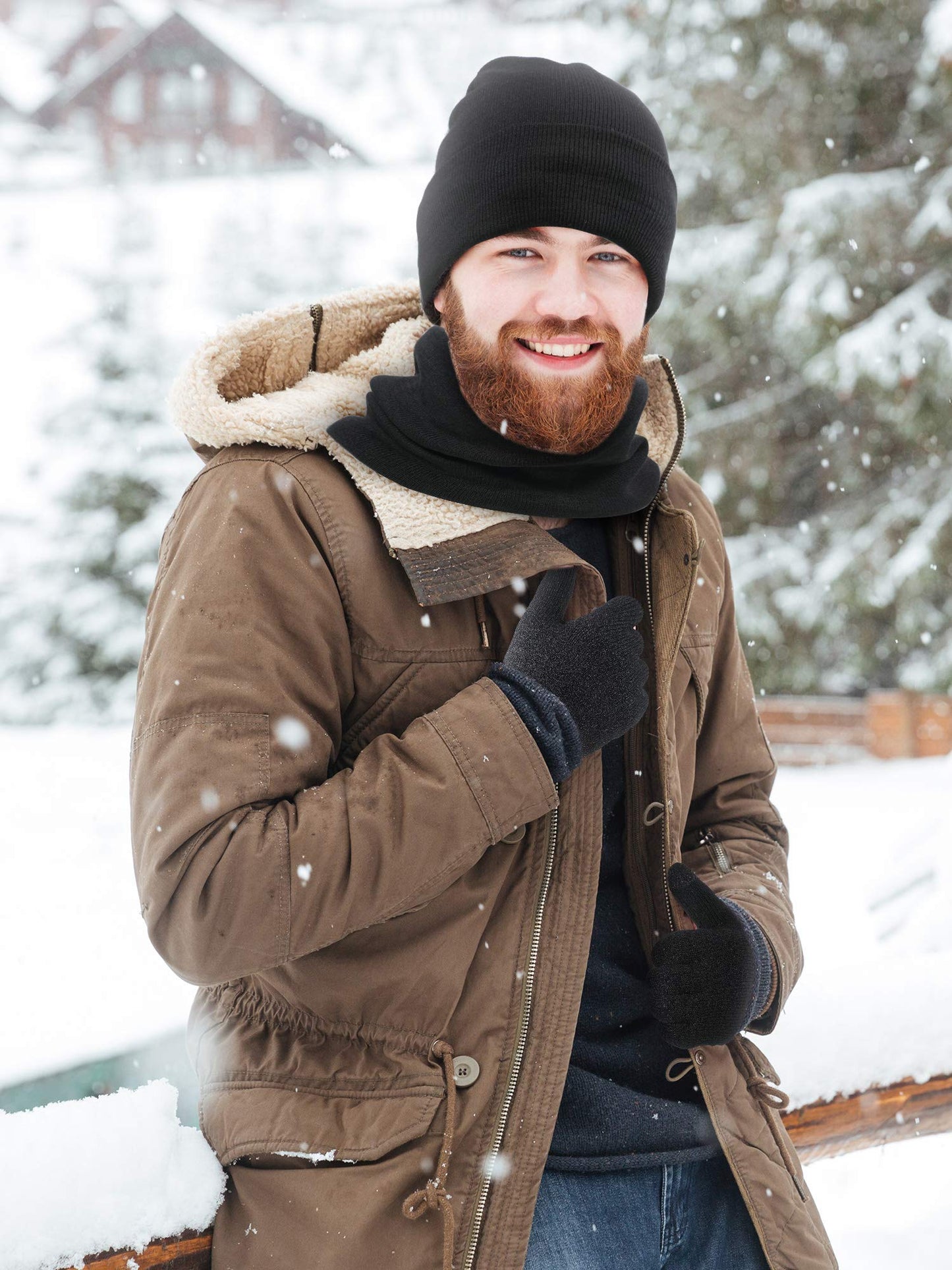 SATINIOR 4 Pack Winter Warm Knitted Set Unisex Beanie Hat Circle Loop Scarf Touchscreen Gloves and Earmuffs (Black), Medium