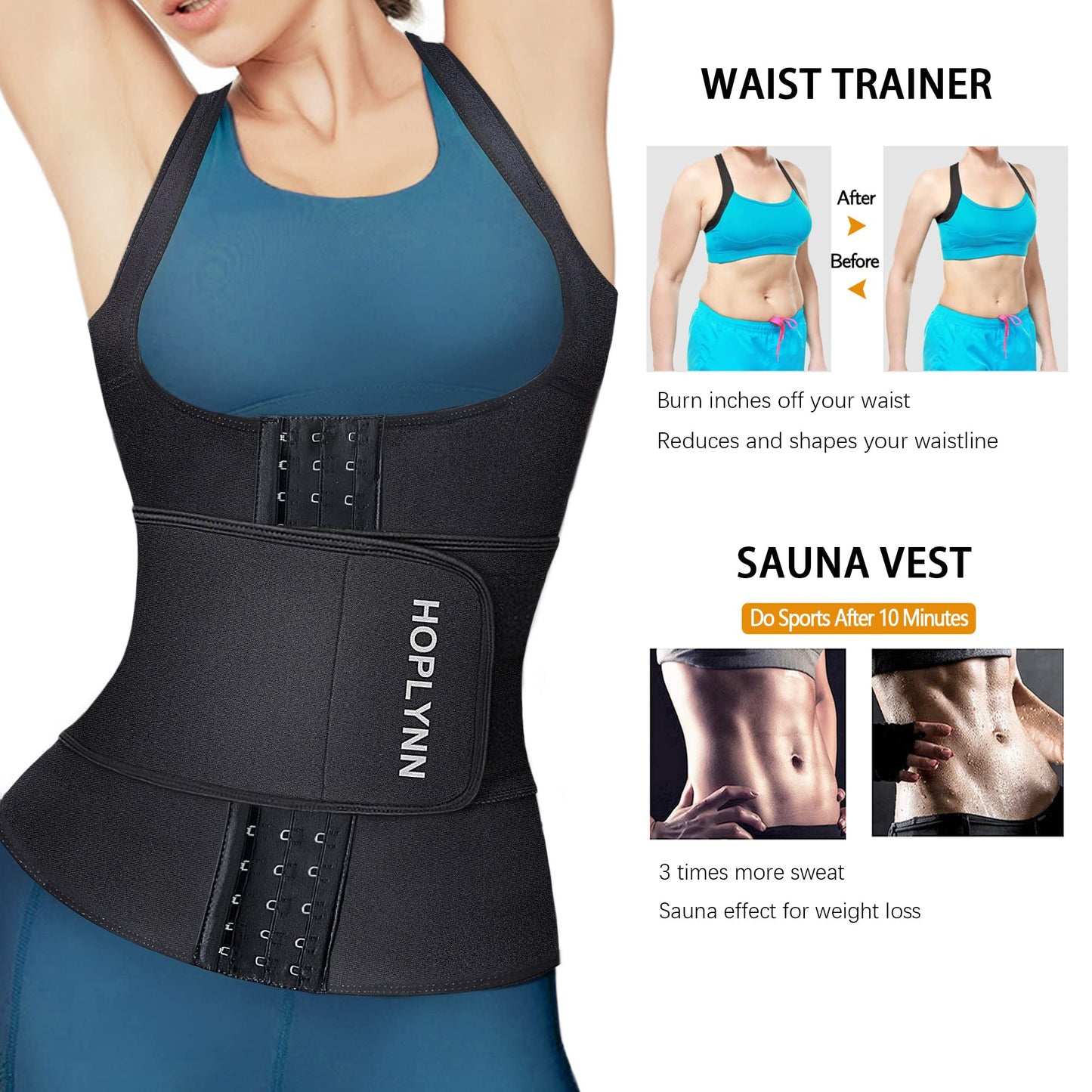 HOPLYNN Neoprene Sauna Sweat Waist Trainer Corset Trimmer Vest for Women Tummy Control, Waist Cincher Body Shaper Black Small