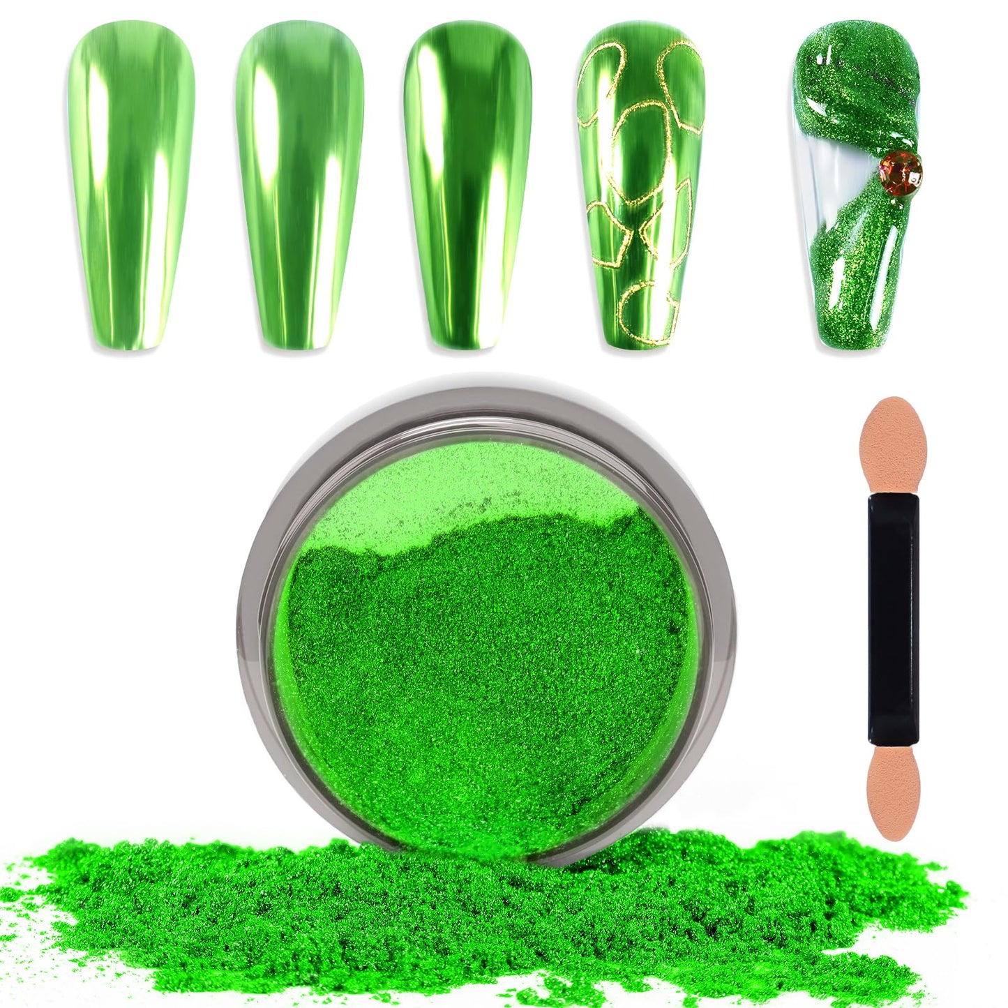 Laza Chrome Nail Powder Mirror Effect Metallic Dust Holographic Glitter Glazed Manicure Decoration Reflective Pigment for DIY Gel Polish Nail Art, Resin Craft, Gifts - Grass Green