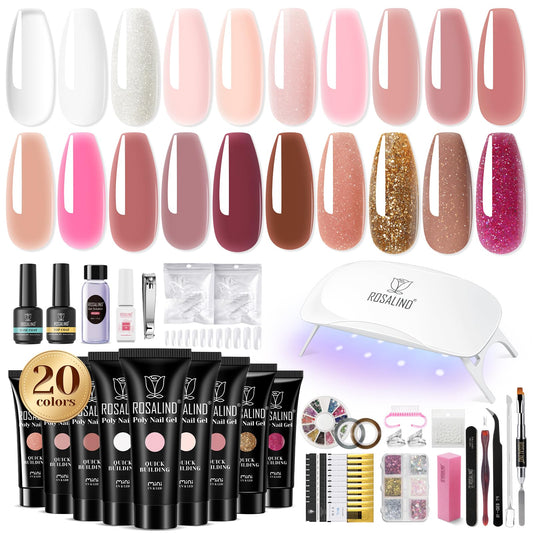 ROSALIND 20 Fall Poly Nail Gel Kit with Mini Nail Lamp Glitter Poly Nail Gel Kit Collection with Tools Clear Poly Nail Gel Starter Kit
