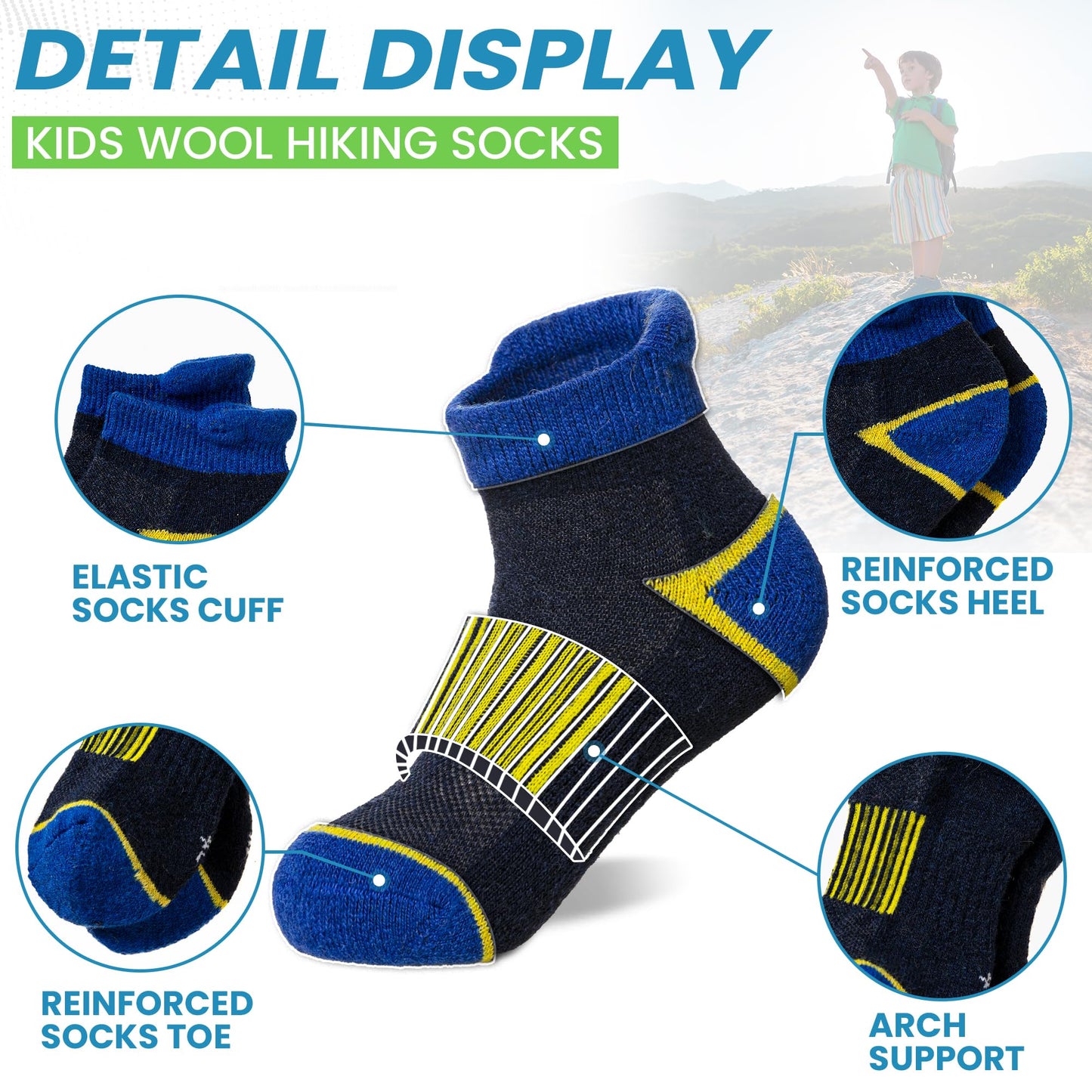 WEVIAS Kids Merino Wool Ankle Socks Boys Girls Hiking Athletic Thermal Running Winter Warm Cozy Teen No Show Socks 6 Pairs (6 Pairs Mix Color A, 8-12 Years)