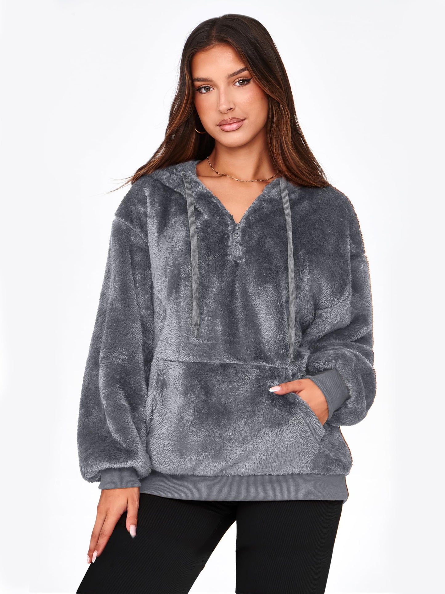 NIeyook Sherpa Fleece Hoodies for Women Fuzzy Oversized Zip up Hoodie with Pockets Casual Pullover Hooded Sweatshirt Dark Gray