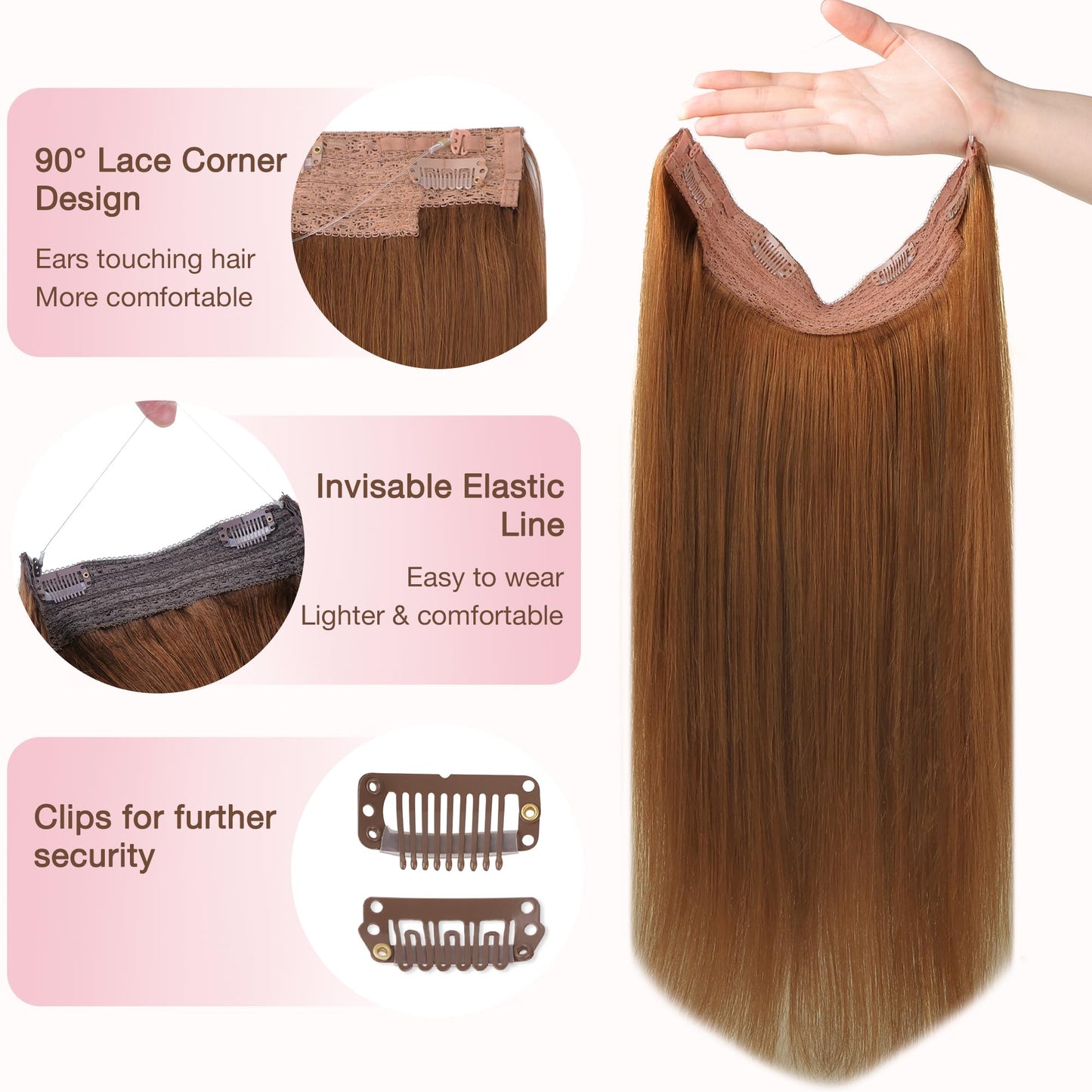 GOO GOO Wire Hair Extensions Human Hair, 350 Copper Natural 14inch 75g, Invisible Wire Hair Extensions with Transparent, Seamless Fish Line Hairpiece