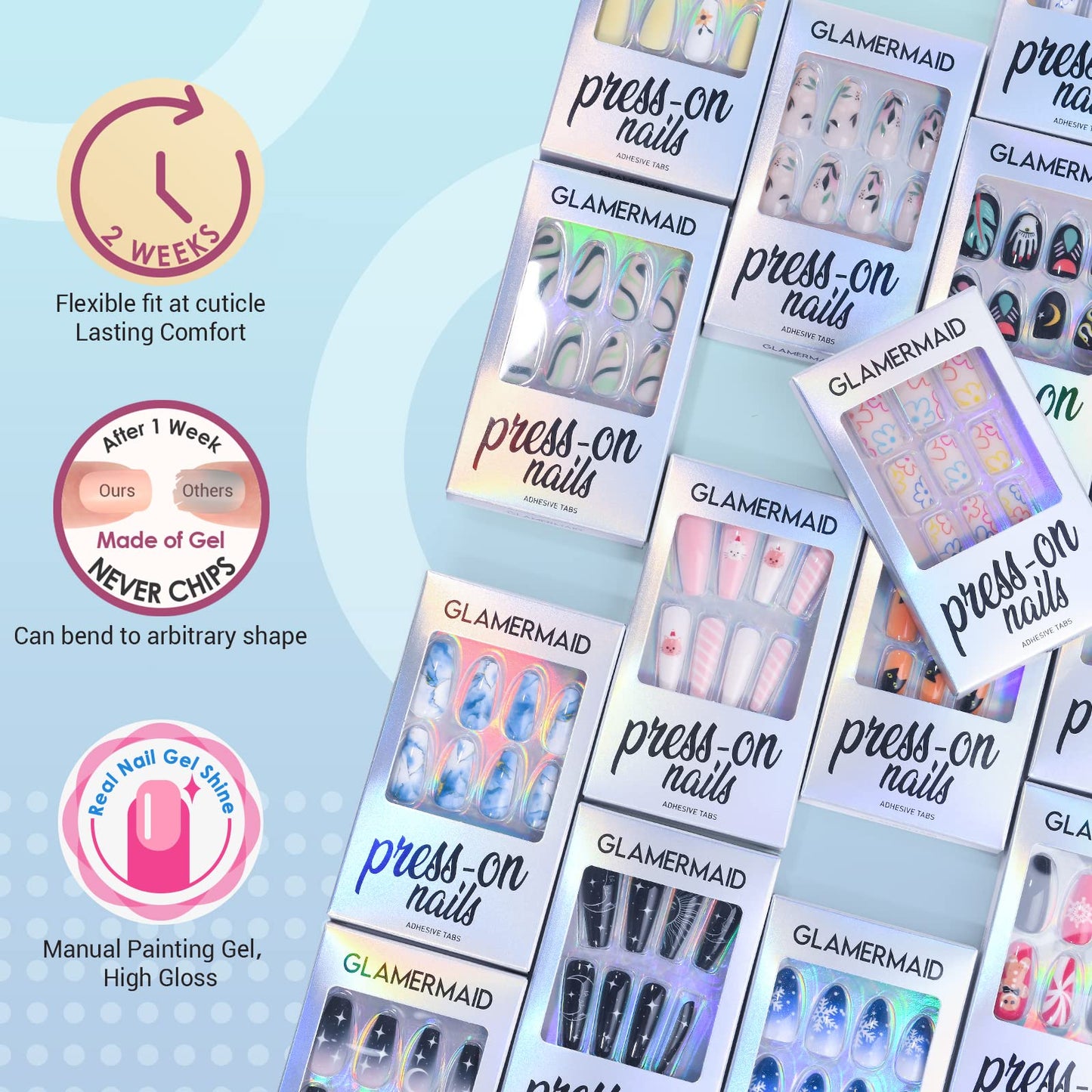 GLAMERMAID Ombre Pink Press on Nails Medium Almond, Natural White Crush Nails, Stiletto Fake Nails with French Design, Short Oval Stick Glue on Nails Tips for Women, Reusable Acrylic False Nail Kits