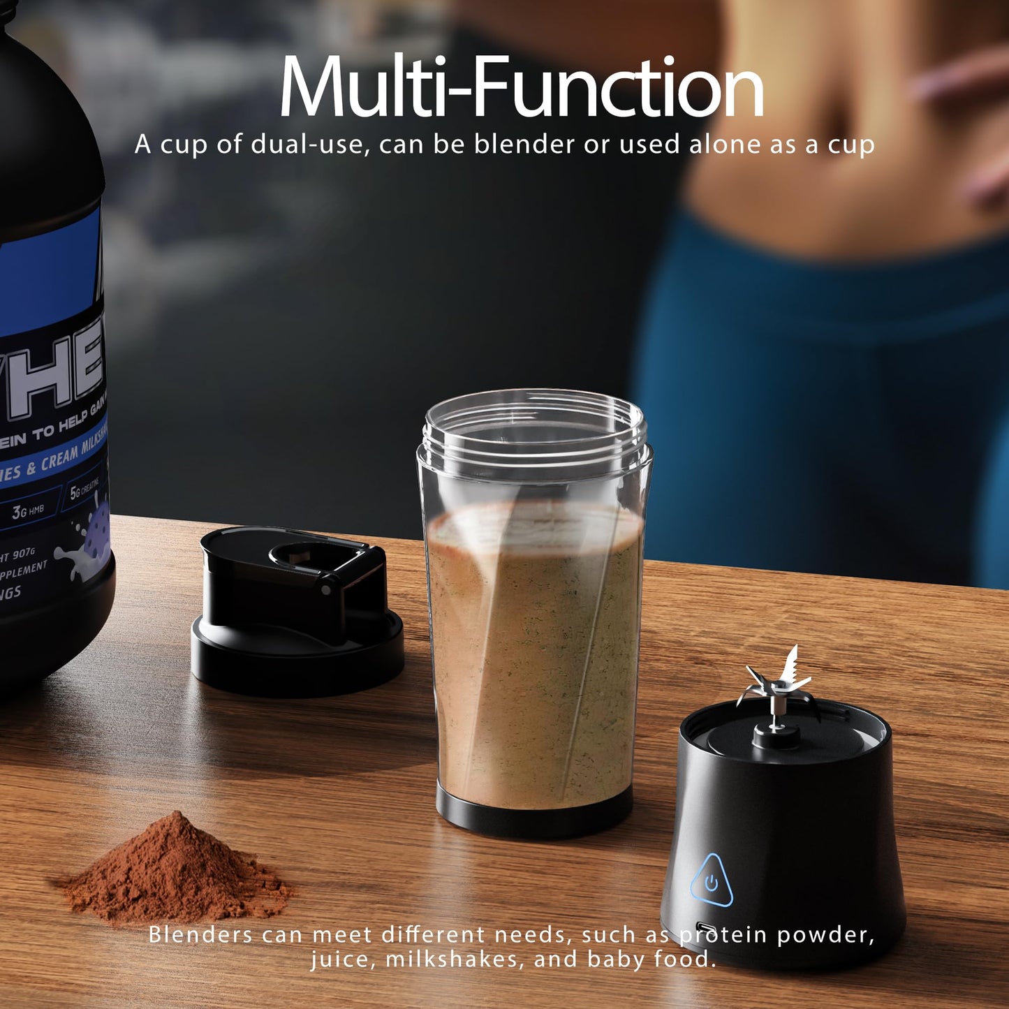 Portable Blender, Cordless, 24oz. Vessel, Personal Blender-for Shakes & Smoothies, BPA Free, Leakproof-Lid & Sip Spout, USB-C Rechargeable & Self Cleaning - Travel with 6 Sharp Blade, Black