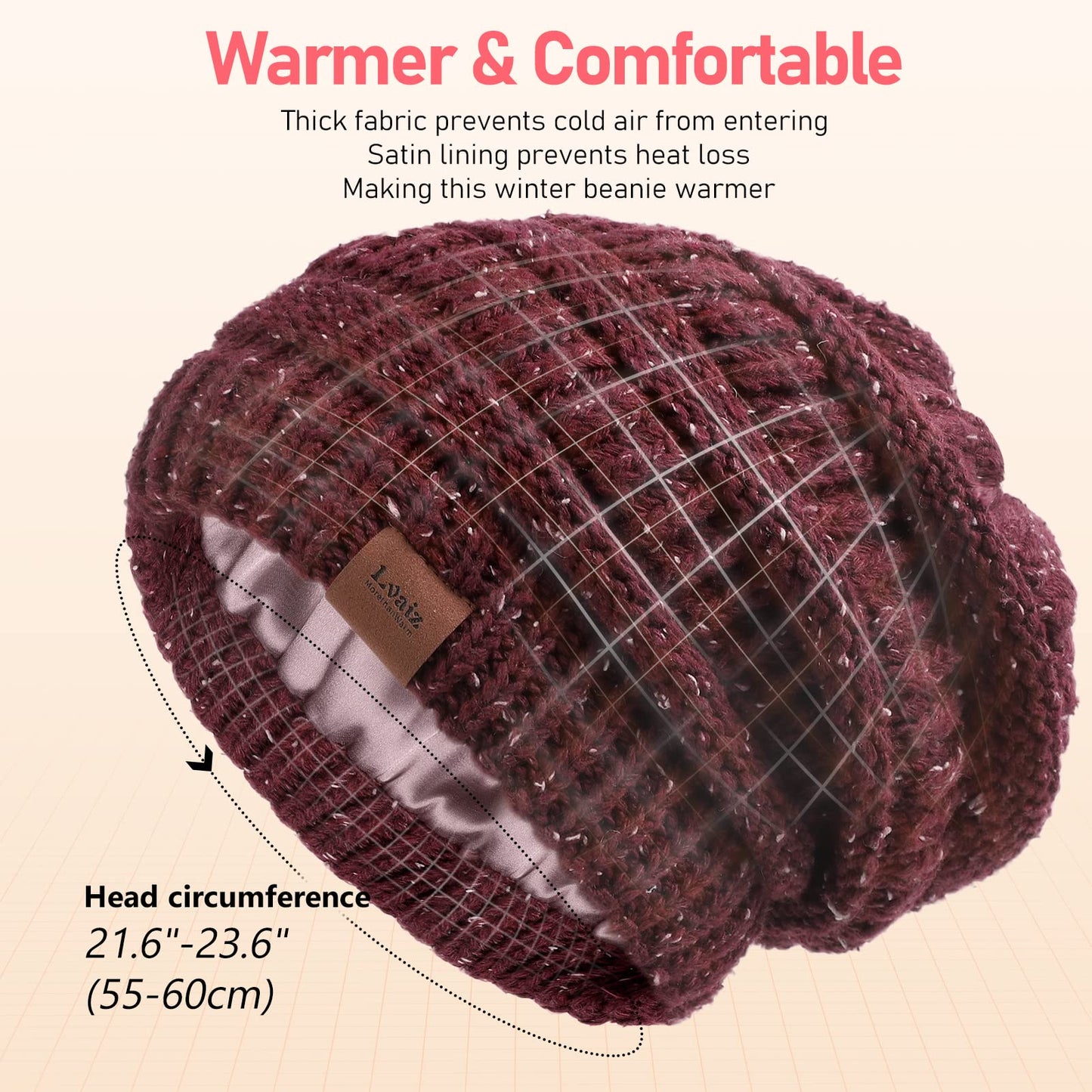 Winter Satin Lined Beanie Hats for Women Men Warm Oversized Slouchy Knitted Skull Cap with Satin Silk Lining for Natural Hair