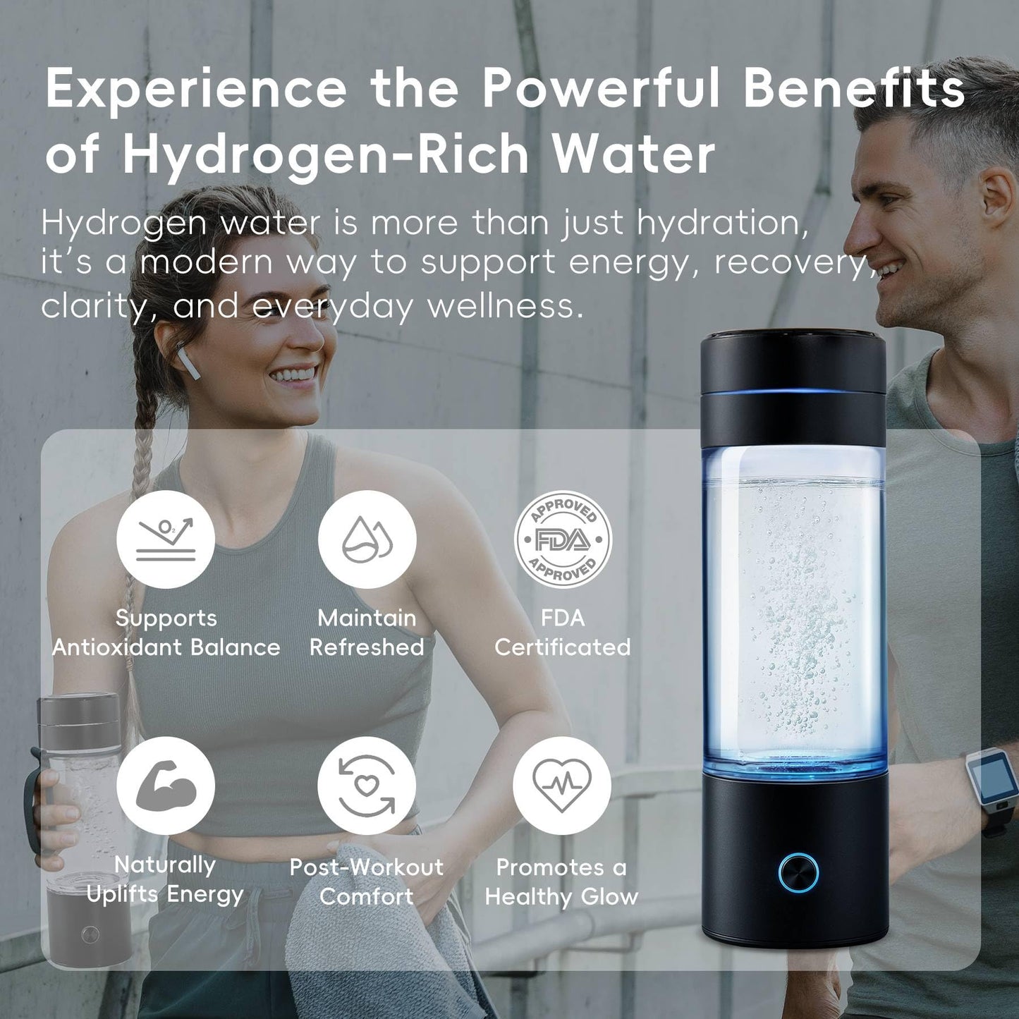GasClub Hydrogen Water Bottle Generator, 4-in-1, 3000 PPB Portable Hydrogen Water Machine with SPE/PEM Technology, Rechargeable Hydrogen Water Ionizer Machine for Home, Office & Travel