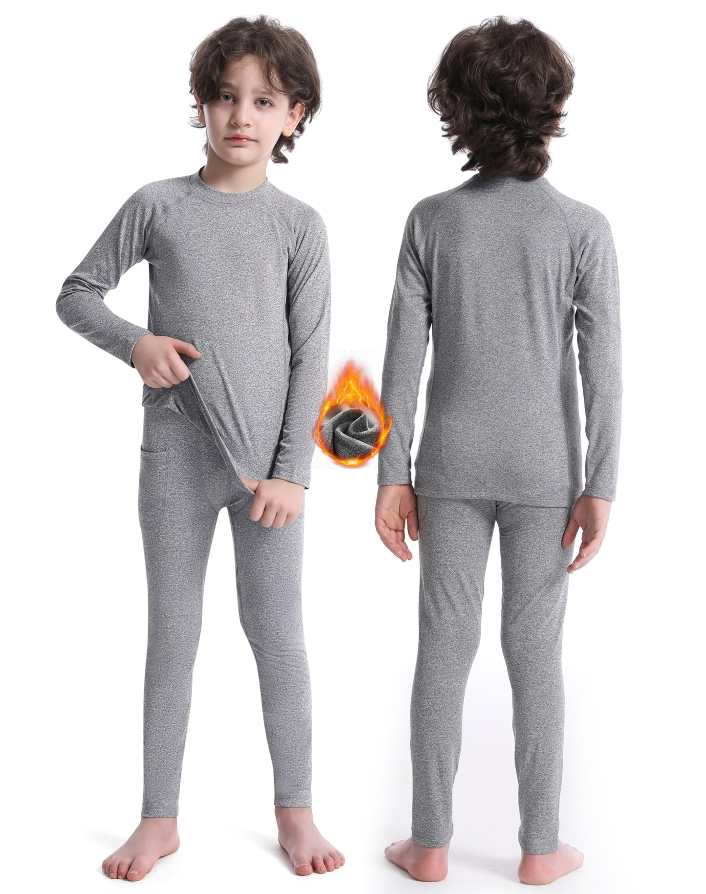 Roadbox Thermal Underwear for Boy - Fleece Lined Long Johns Warm Undershirt Cool Dry Base Layer Pants for Winter Running Grey