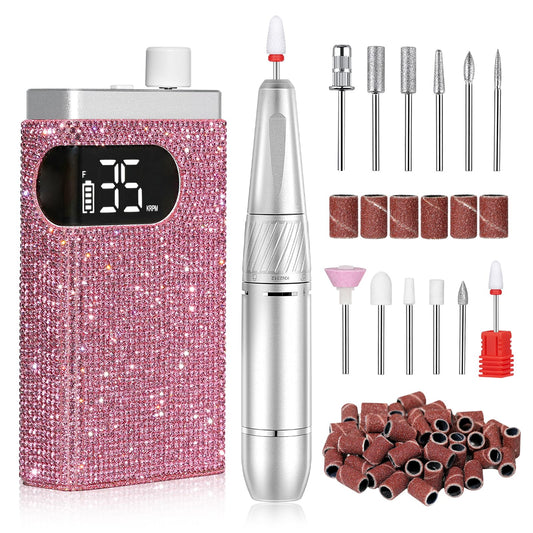CHRISTINE SHELLY Rechargeable 35000RPM Nail Drill Sparkling Portable Professional Electric Nail File for Acrylic/Gel Nails Professional Nail Tools for Manicure Pedicure, Pink