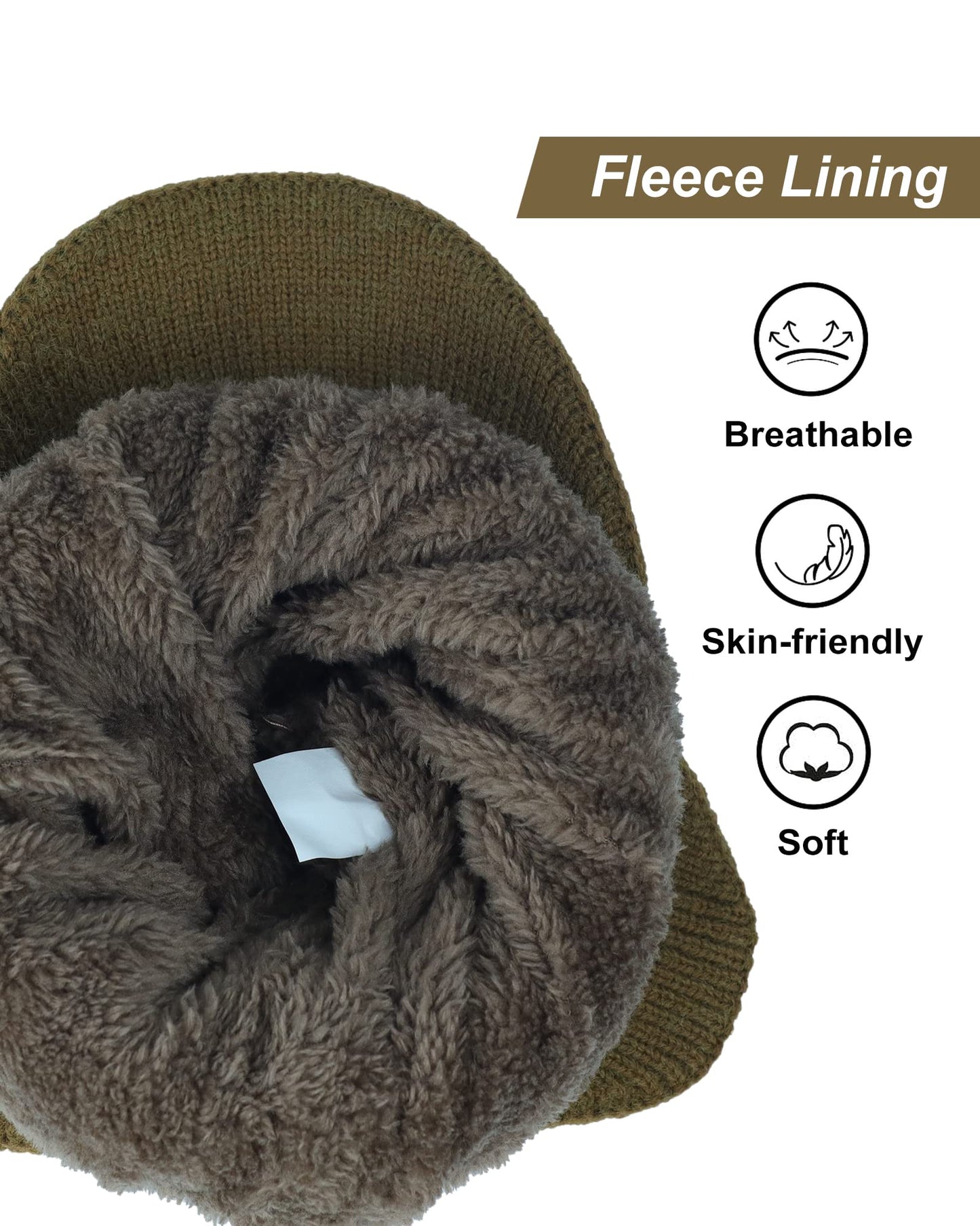 Koreshion Men's Winter Visor Beanie Hat with Earflaps Knit Baseball Cap with Brim Ski Hat Warm Fleece Lined Hunting Hat Khaki