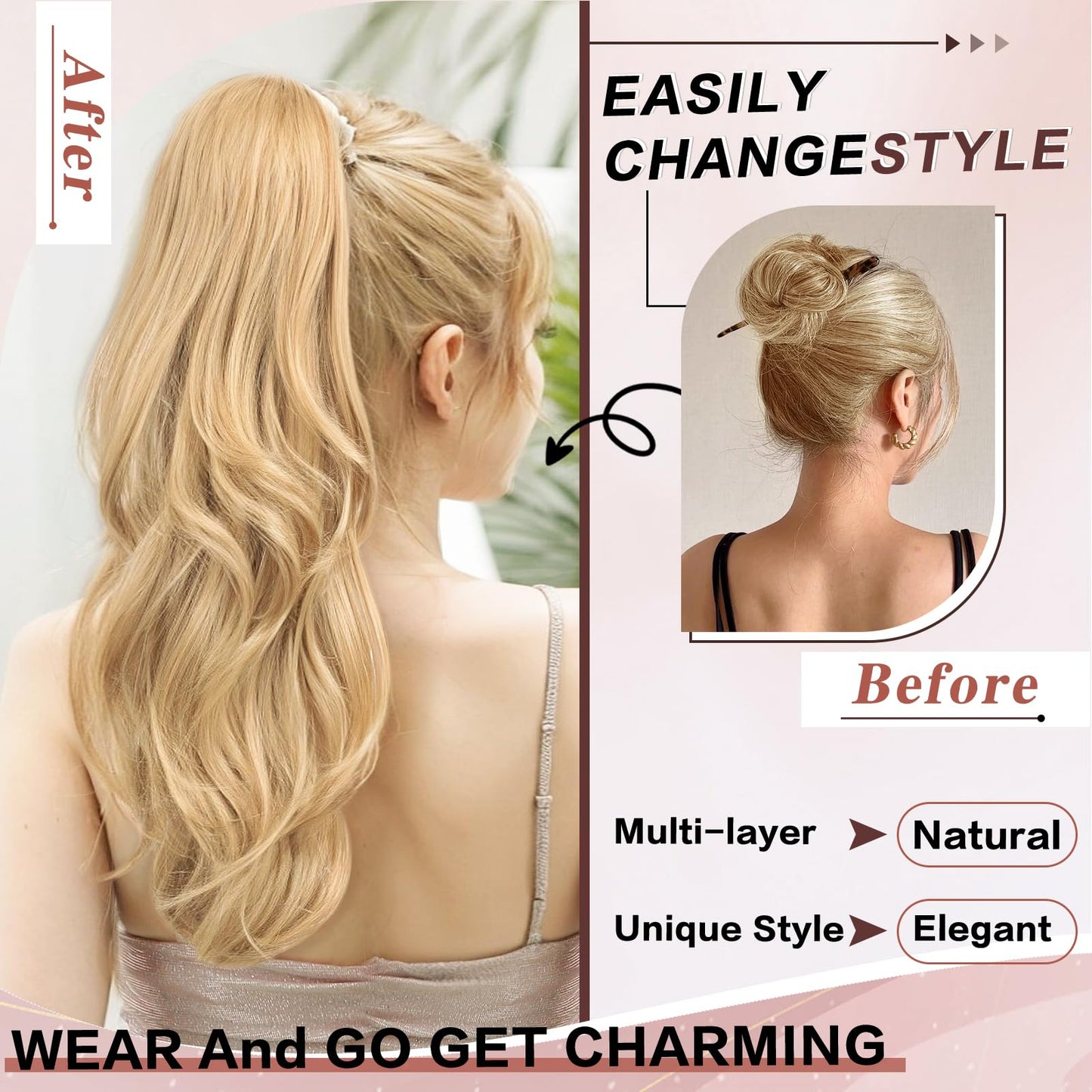 CHRSHN Blonde Ponytail Extension, 20 Inch Drawstring Ponytail Extension for Women Long Blonde Wavy Layered Pony Tails Hair Extensions Synthetic Clip in Ponytail Hairpiece for Women(27/613)