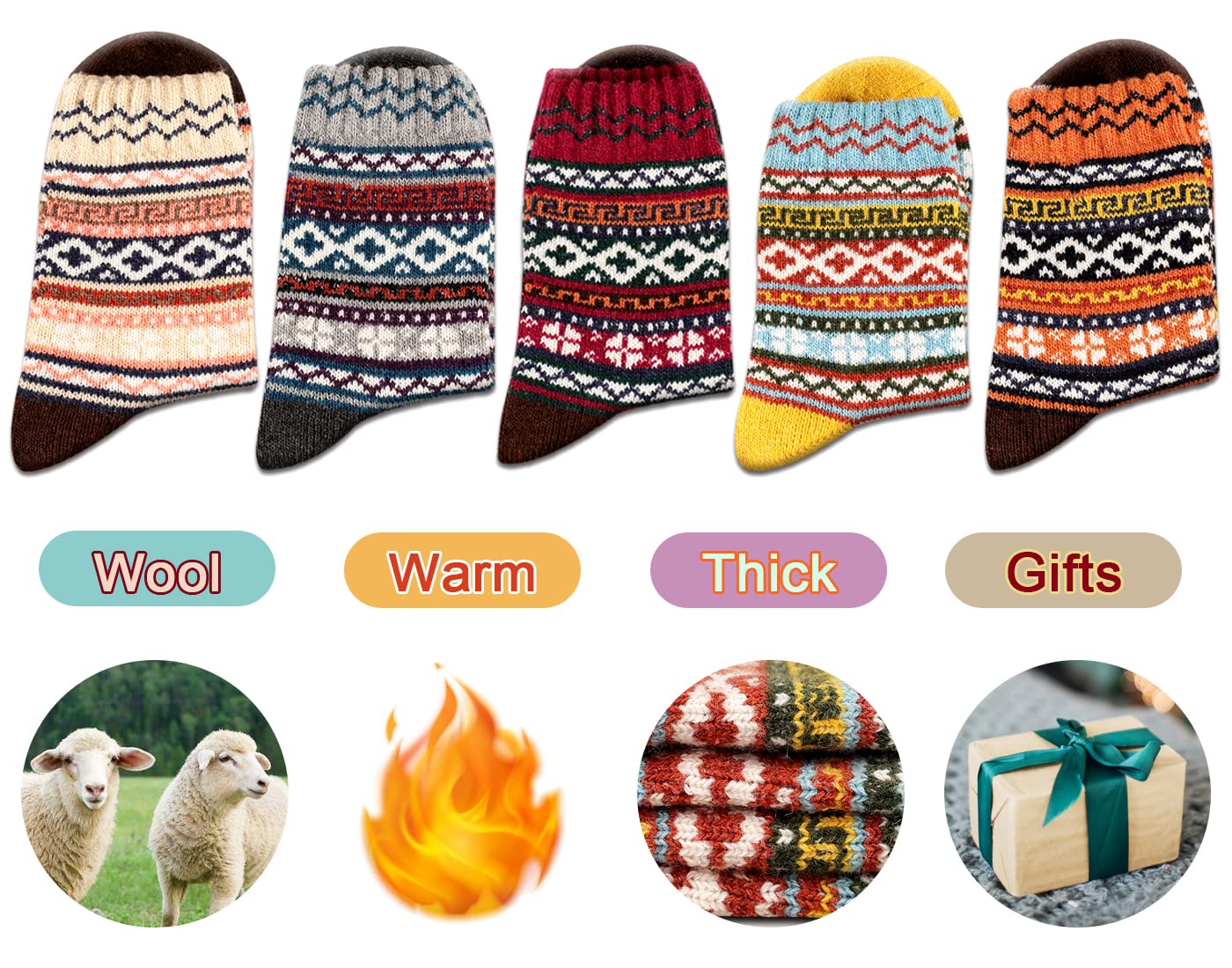 Heatuff Women's Winter Wool Socks Warm Soft Full Cushion Crew Socks (5 Pairs)