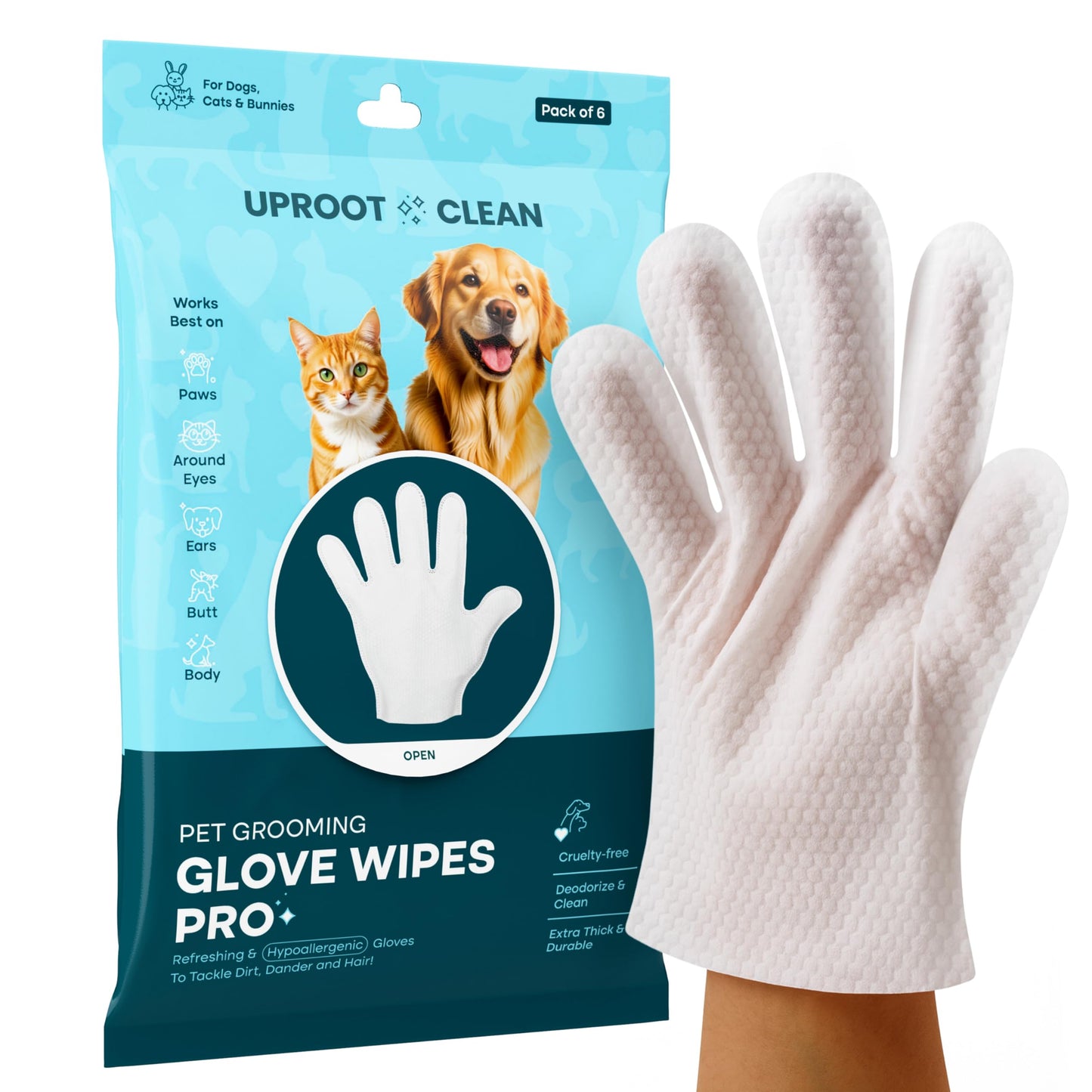 Uproot Clean Dog Cleaning Gloves: 1 Month Supply - Extra-Thick Pet Glove Wipes for Dogs & Cats - Easy Wipe Paws, Eyes, Ears, Butt, & Body - Lick-Safe - Cleaning, Deodorizing & Grooming (6 Pack)